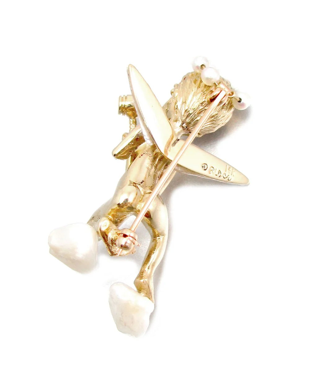 Ruser Freshwater Pearl and Sapphire Cherub with Mallet Pin in Yellow Gold - Image 2