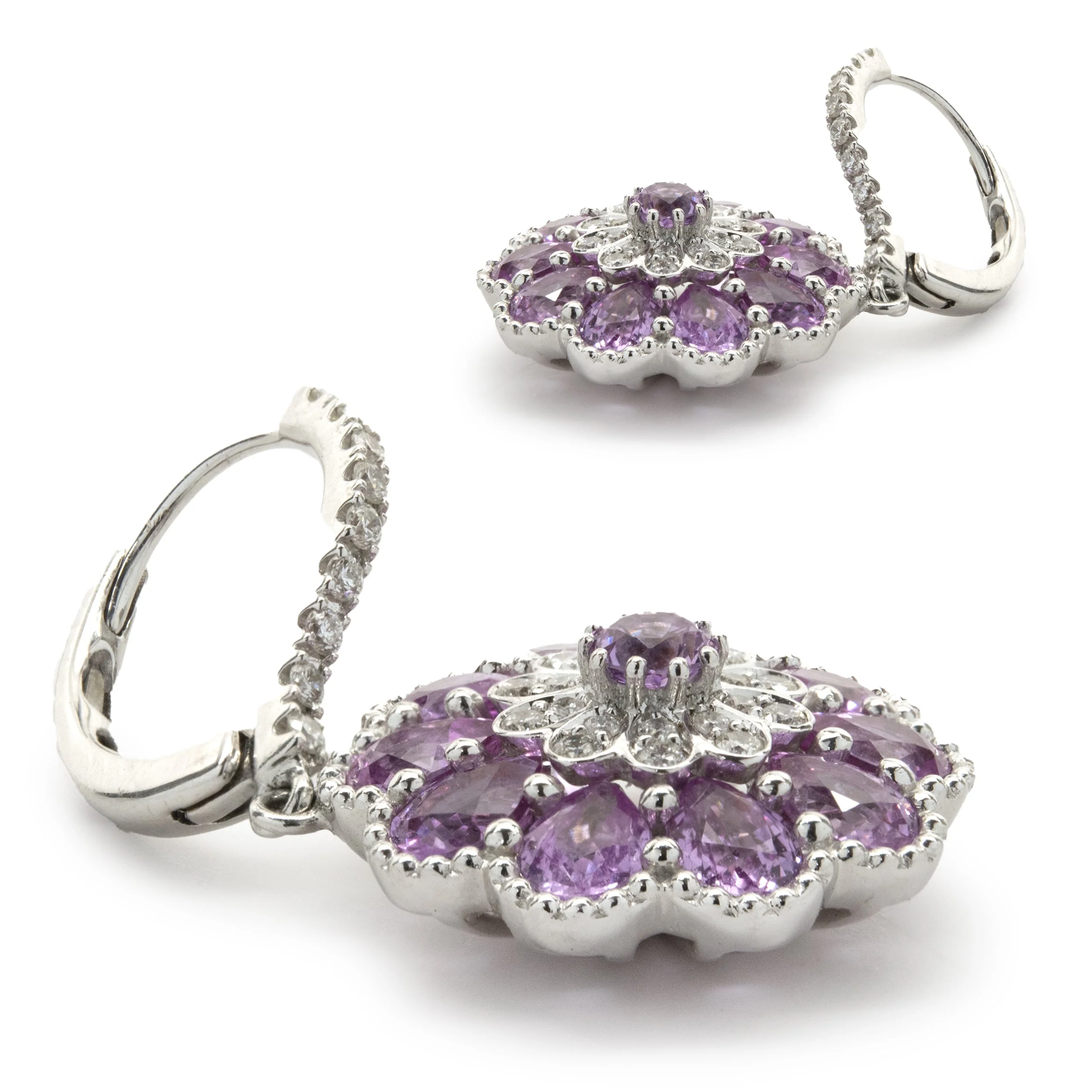 Salavetti 18 Karat White Gold Pink Sapphire and Diamond Floral Drop Earrings - Image 3