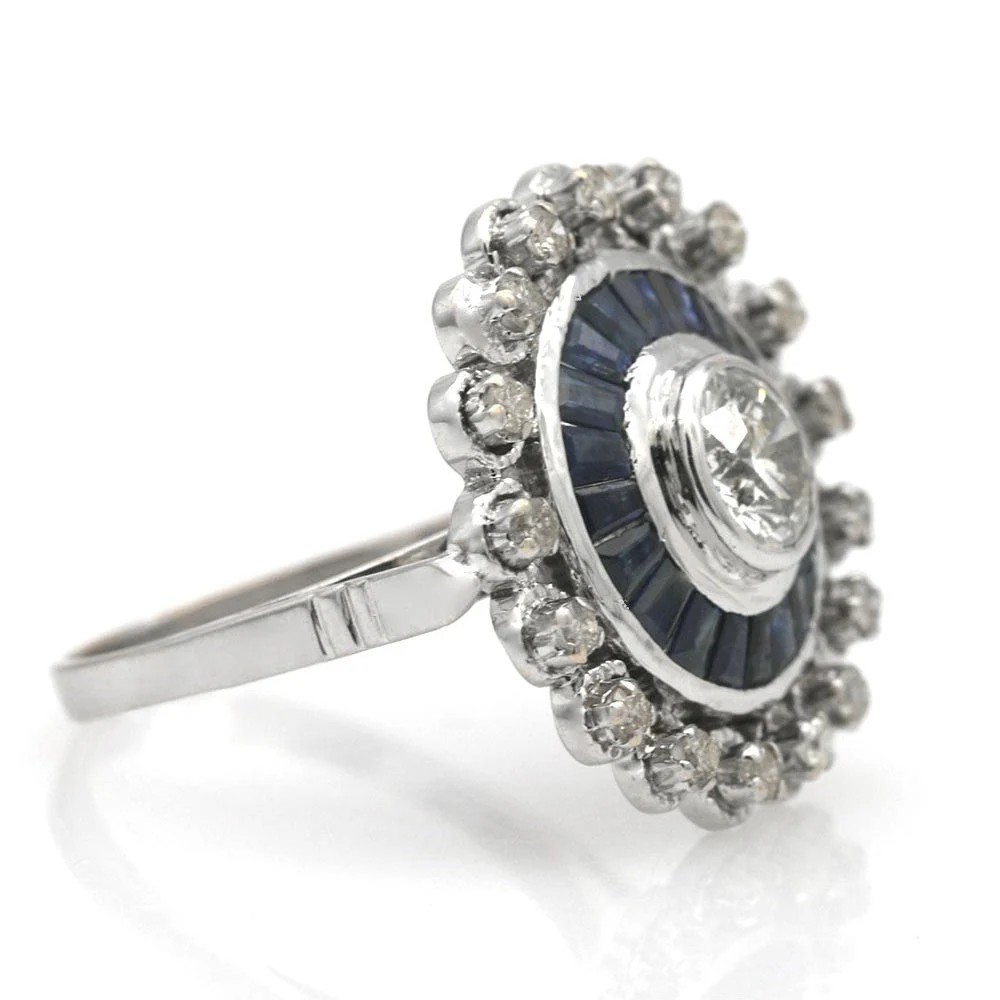14K White Gold Sapphire and Diamond Double Halo Ring