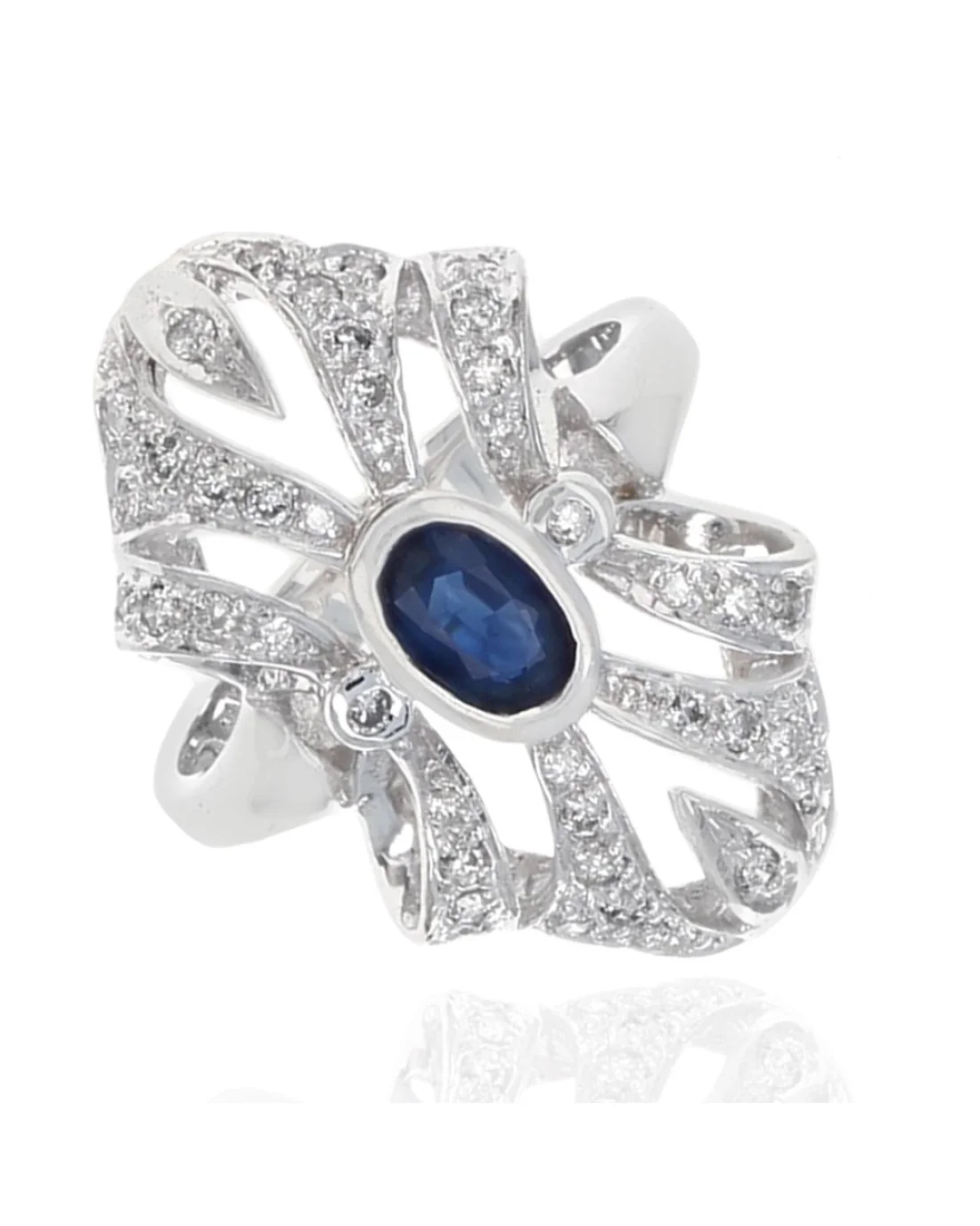 Sapphire and Diamond Elongated Open Ribbon Ring