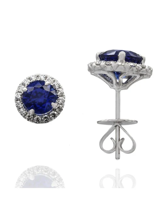 Sapphire and Diamond Halo Stud Earrings in Gold - Image 2