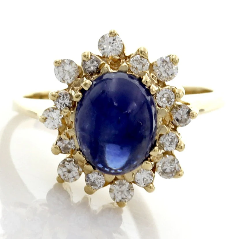 14K Yellow Gold Sapphire Cabochon and Diamond Starburst Halo Ring - Image 2