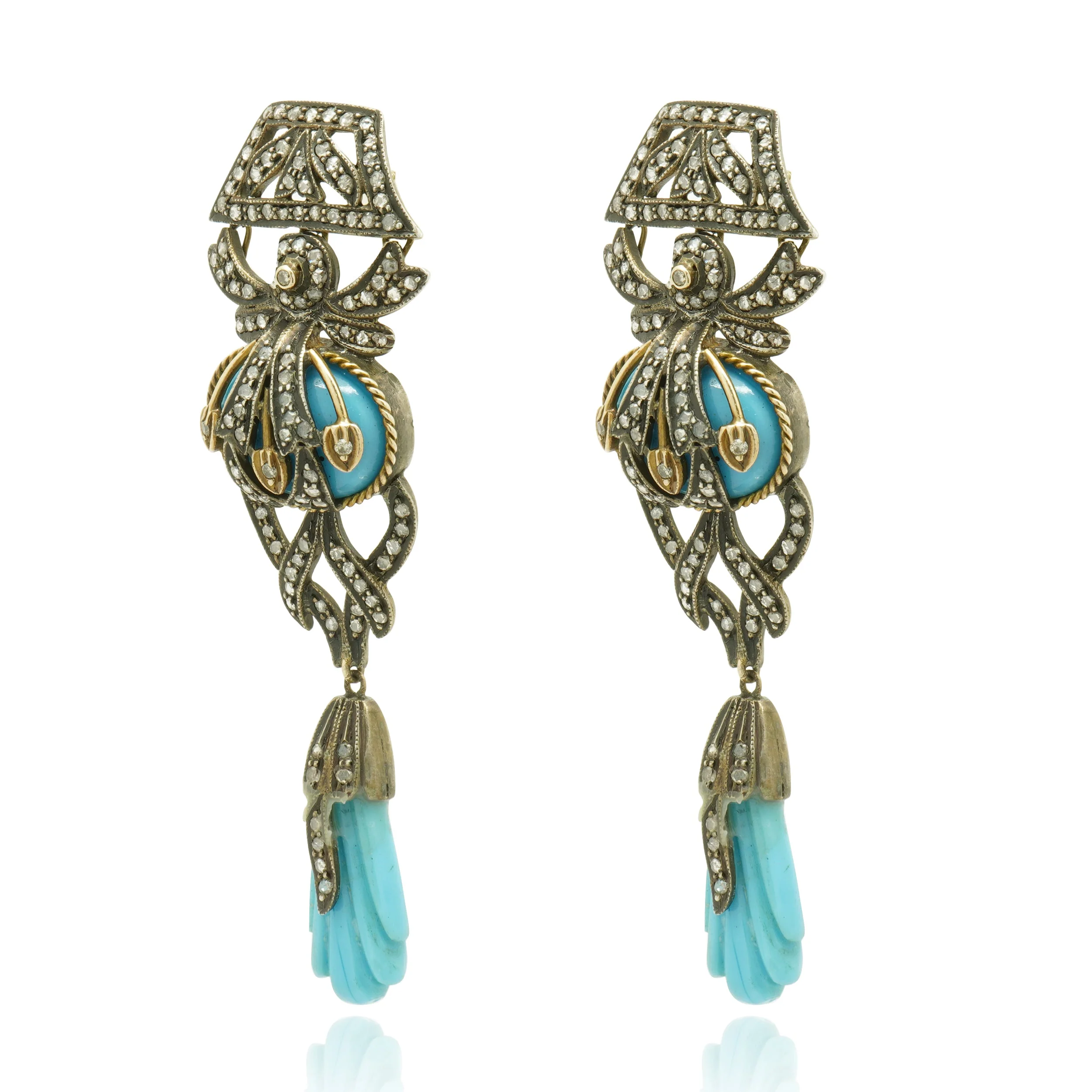Silver & Gold Turquoise & Diamond Earrings - Image 2