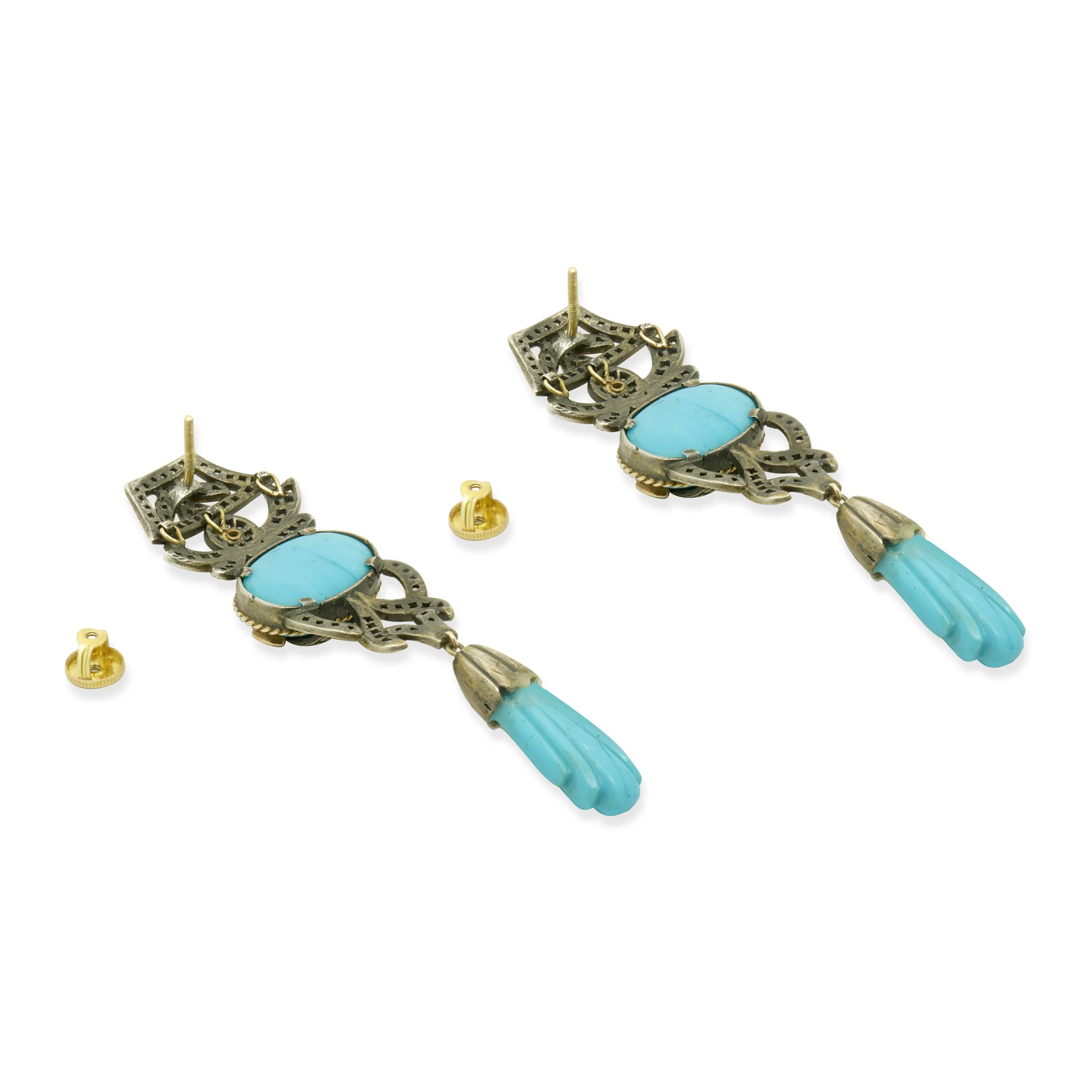 Silver & Gold Turquoise & Diamond Earrings - Image 3