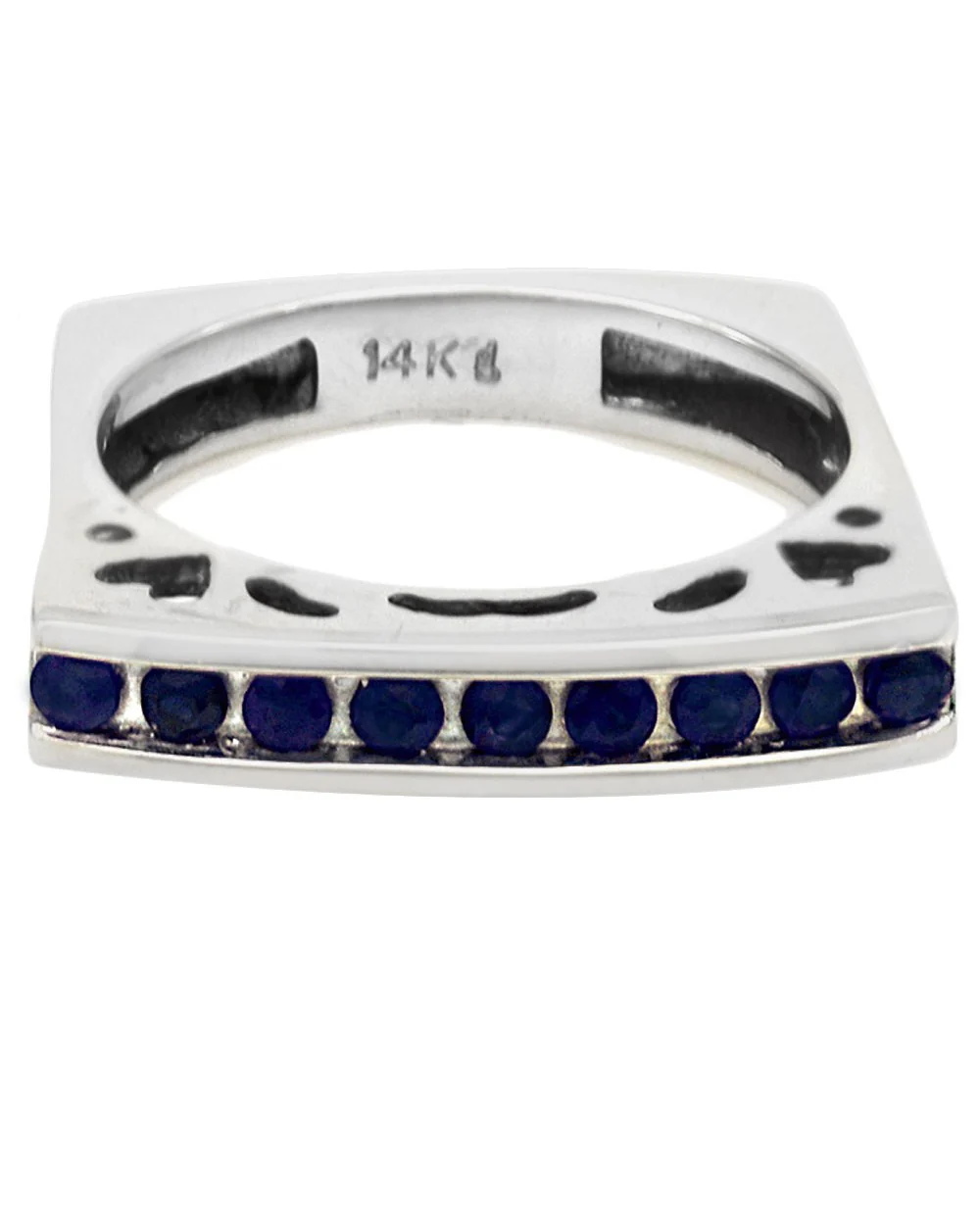 Single Row Blue Sapphire Cutout Square Shank Stackable Ring in White Gold - Image 2