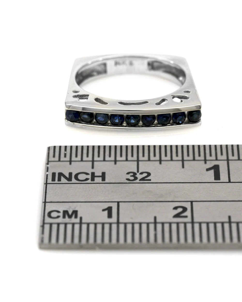 Single Row Blue Sapphire Cutout Square Shank Stackable Ring in White Gold - Image 3