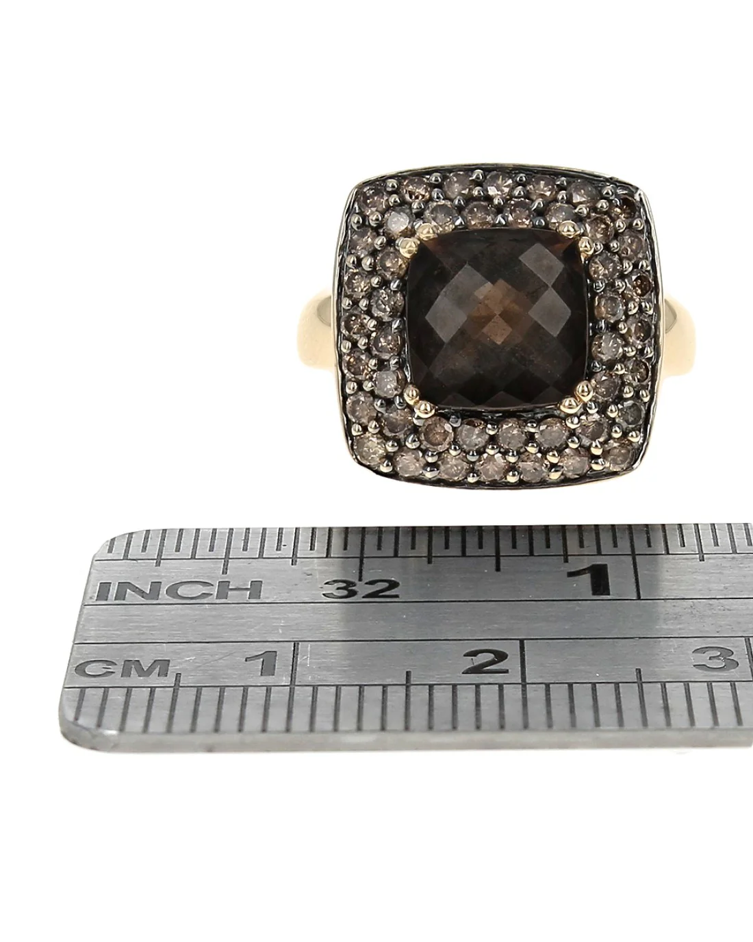 Smoky Quartz and Diamond Square Halo Ring in Yellow Gold - Image 3