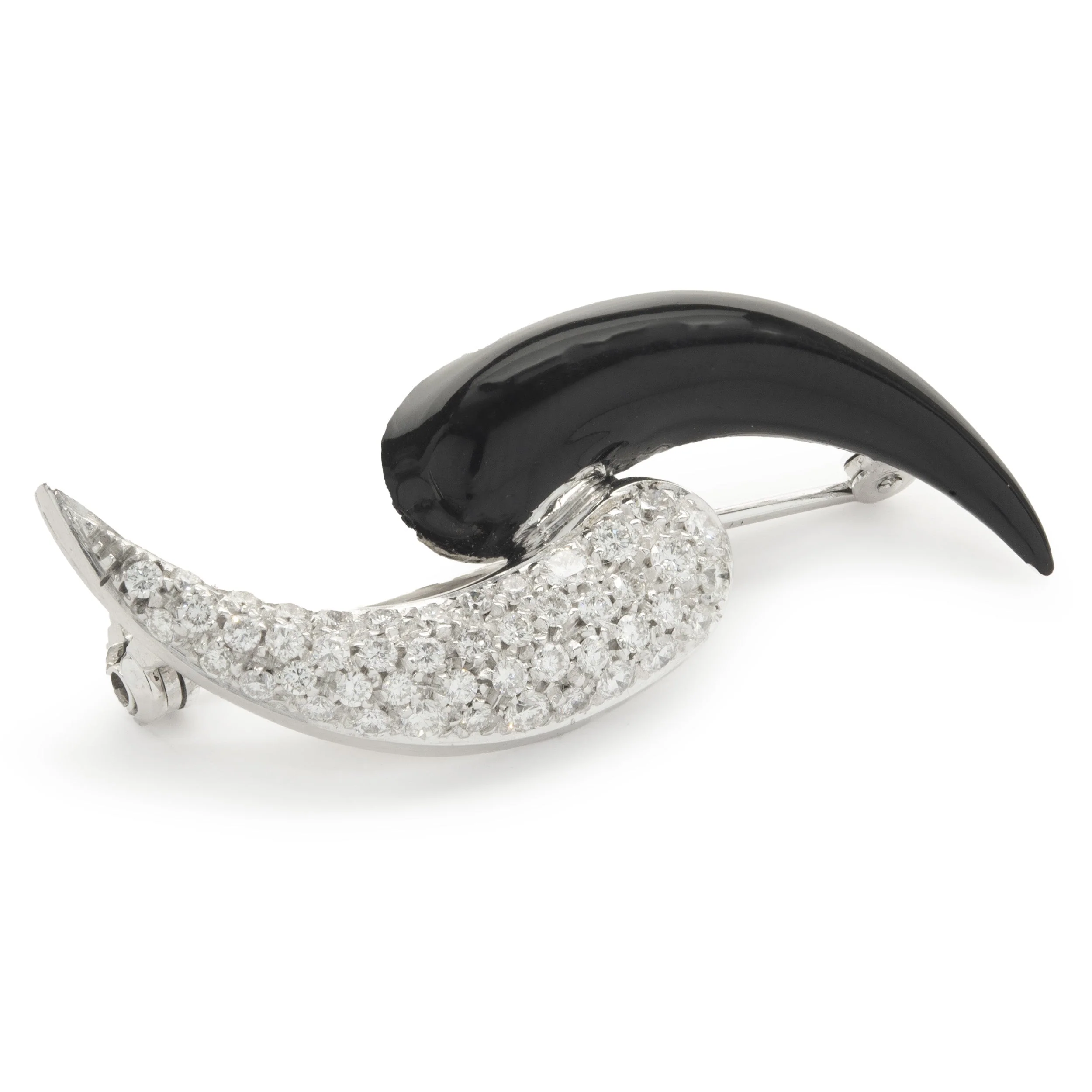 Soho 18 Karat White Gold Pave Diamond and Black Onyx Swirl Pin - Image 2