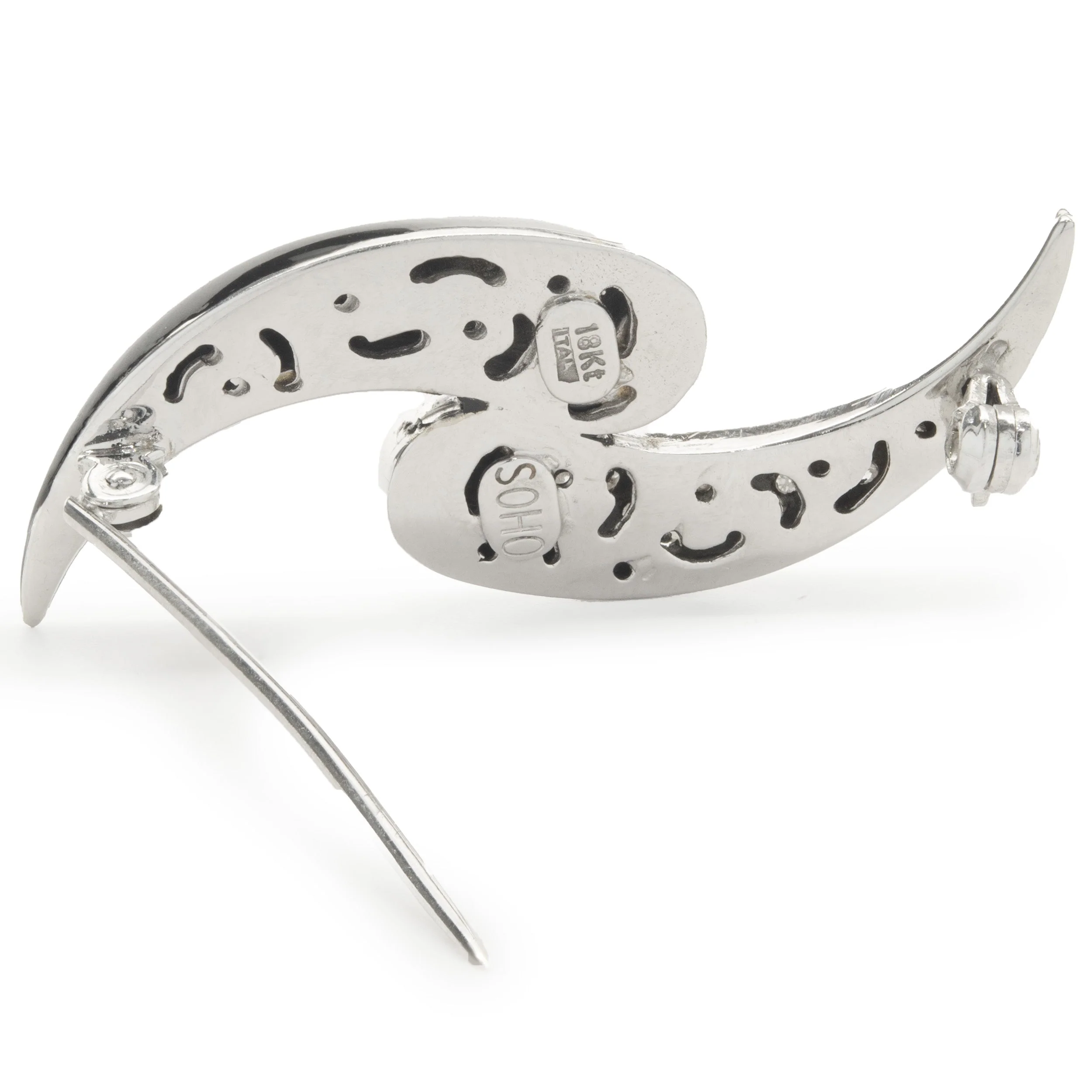 Soho 18 Karat White Gold Pave Diamond and Black Onyx Swirl Pin - Image 3