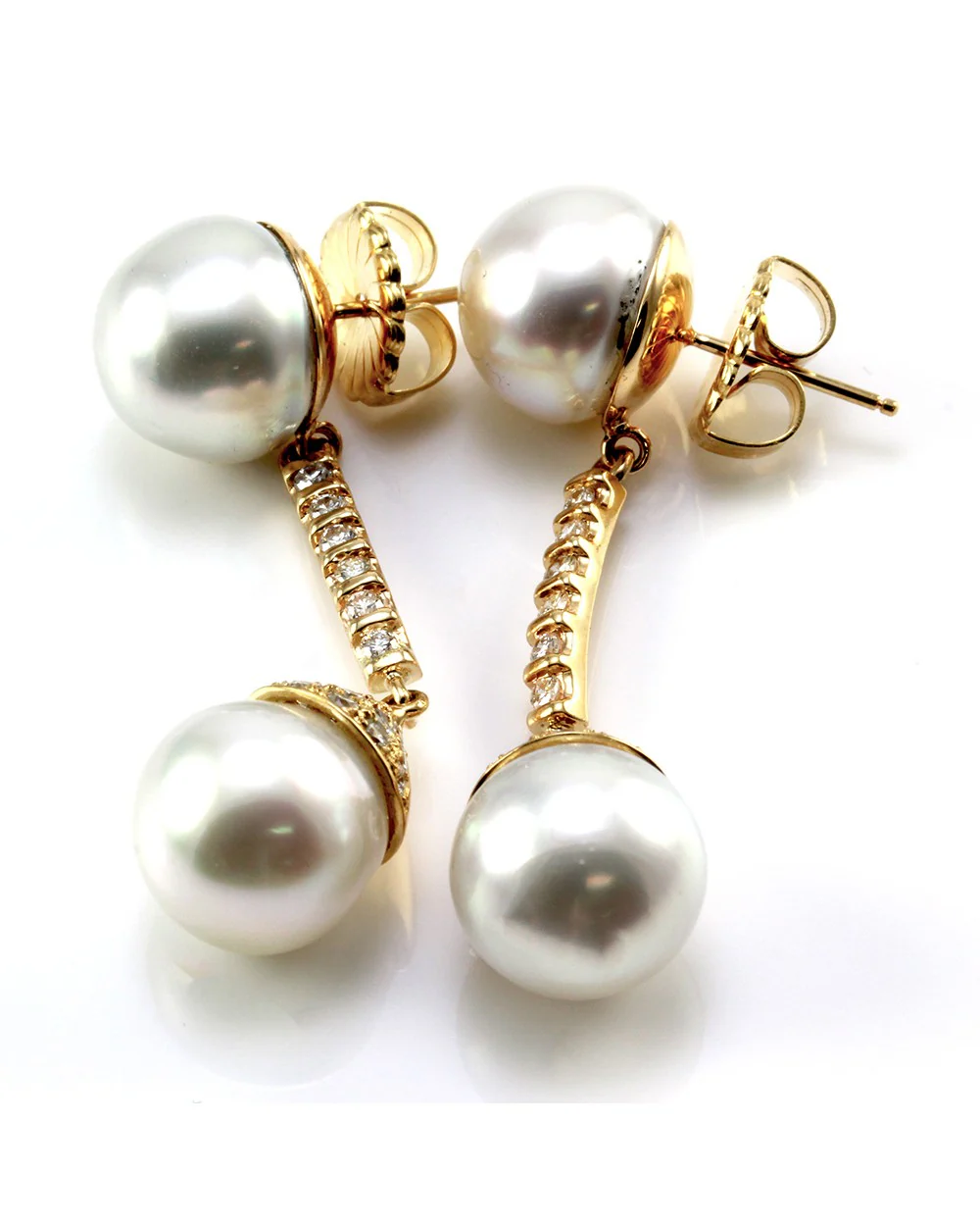 South Sea Pearl & Pave Diamond Drop Dangle Earrings in 18K Yellow Gold - Image 2
