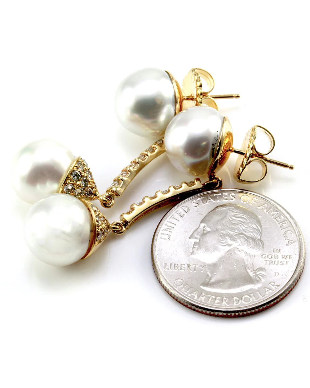 South Sea Pearl & Pave Diamond Drop Dangle Earrings in 18K Yellow Gold - Image 5