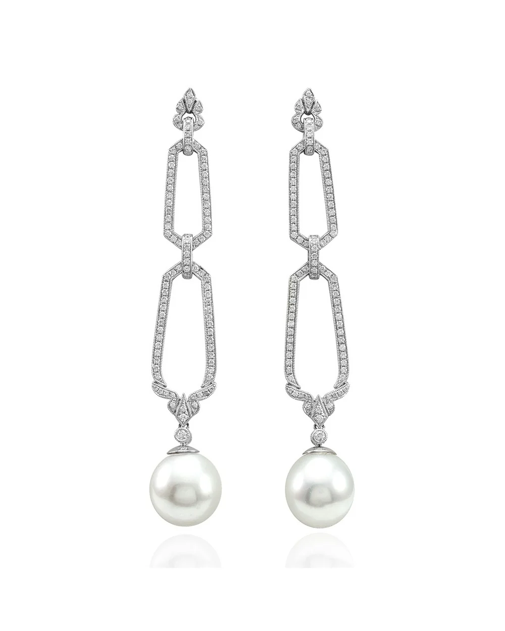 South Sea Pearl & Pave Diamond Milgrain Drop Dangle Earrings in 18K White Gold