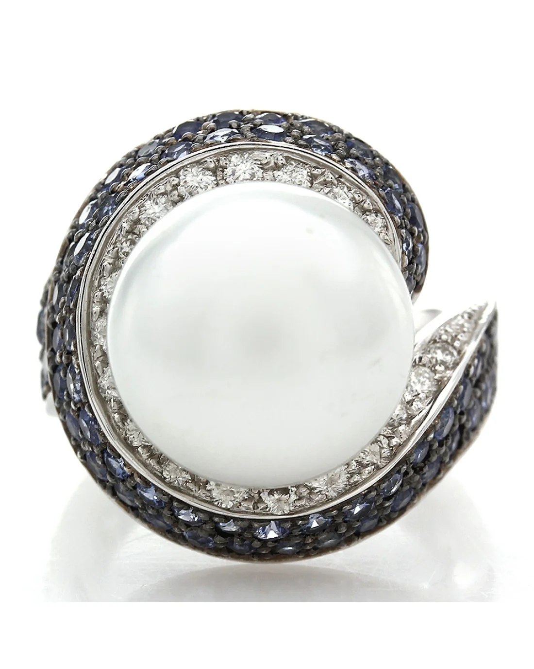 South Sea Pearl, Sapphire and Diamond Swirl Ring - Image 2