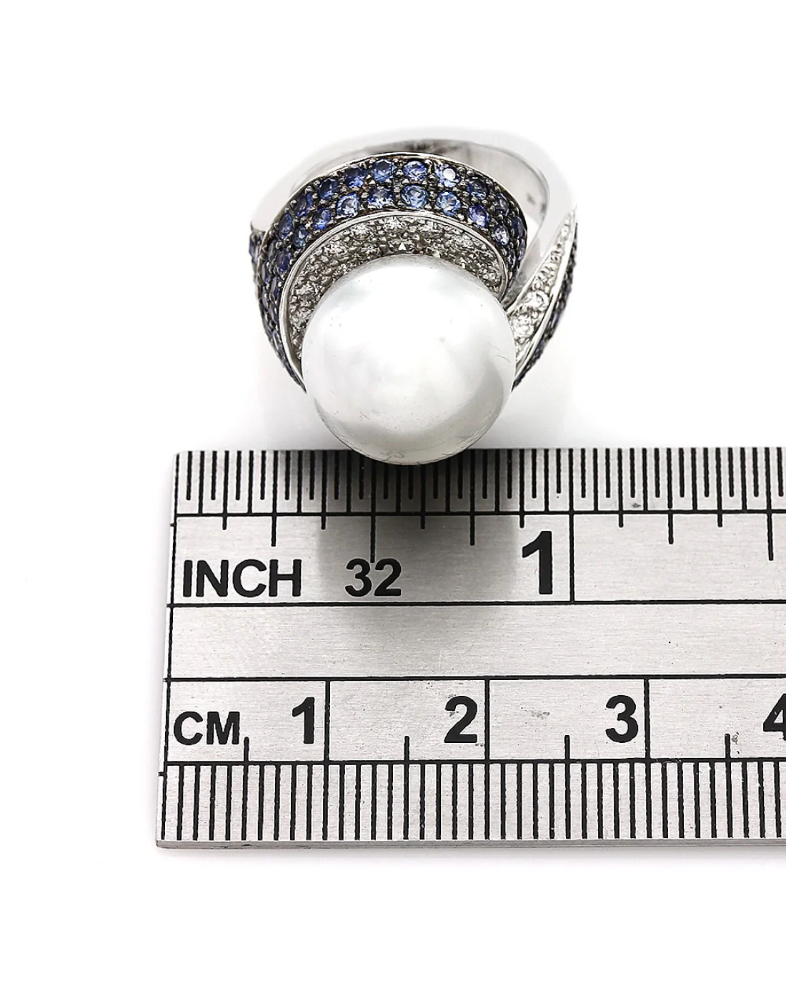 South Sea Pearl, Sapphire and Diamond Swirl Ring - Image 3