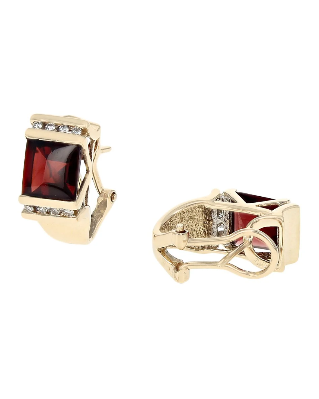 Square Garnet and Diamond Omega Back Earrings - Image 2