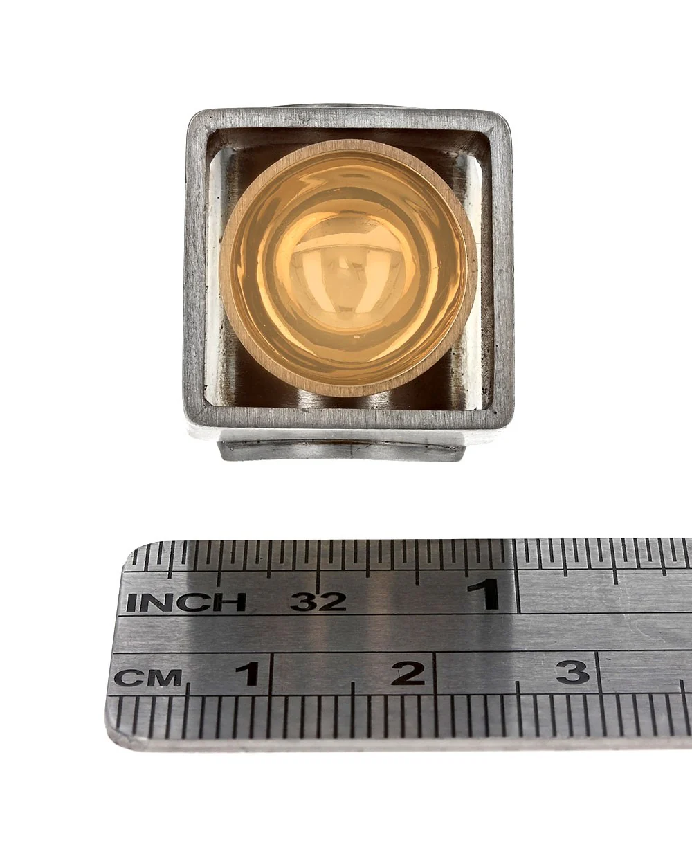 Square Modernist Ring with Bowl Center in Silver and Gold - Image 3