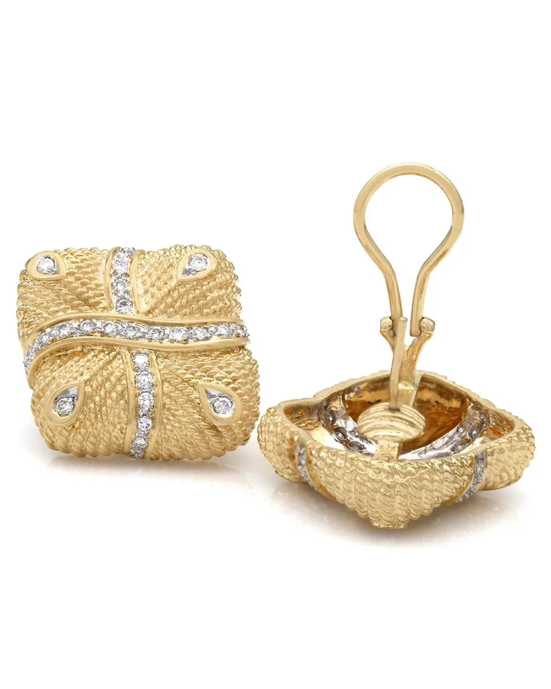 Square Shaped Diamond Accented Earrings with Rope Design in 18k Yellow Gold - Image 2