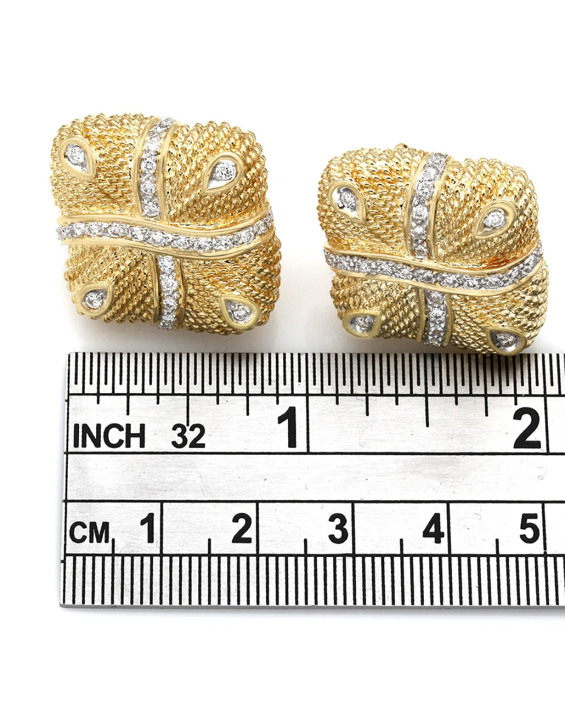 Square Shaped Diamond Accented Earrings with Rope Design in 18k Yellow Gold - Image 3