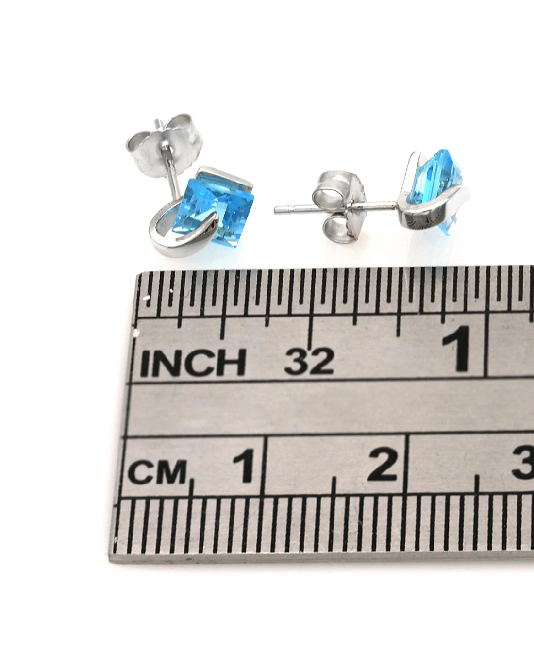 Square Swiss Blue Topaz Studs in White Gold - Image 3
