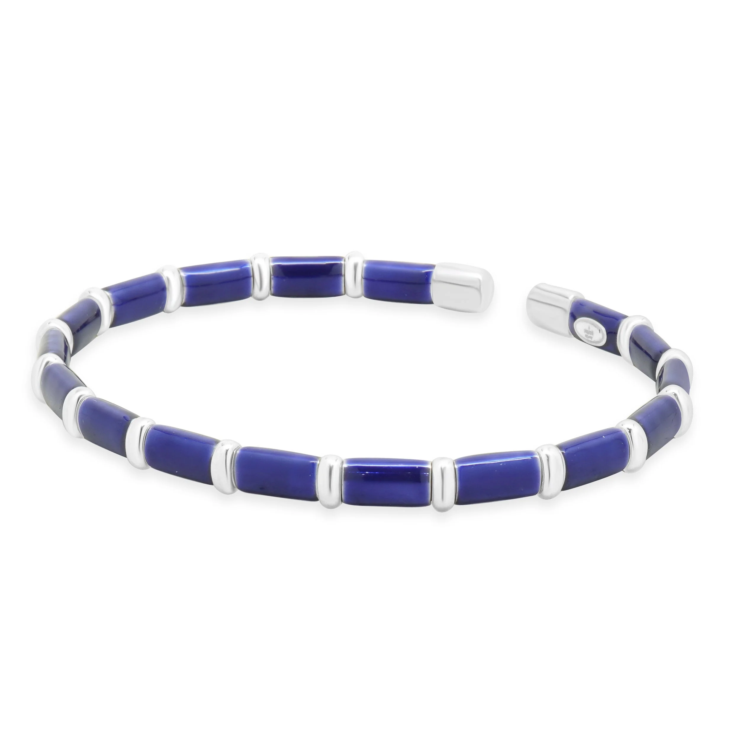 Sterling Silver & 18 Karat White Gold Navy Blue Enamel Bangle Bracelet - Image 2