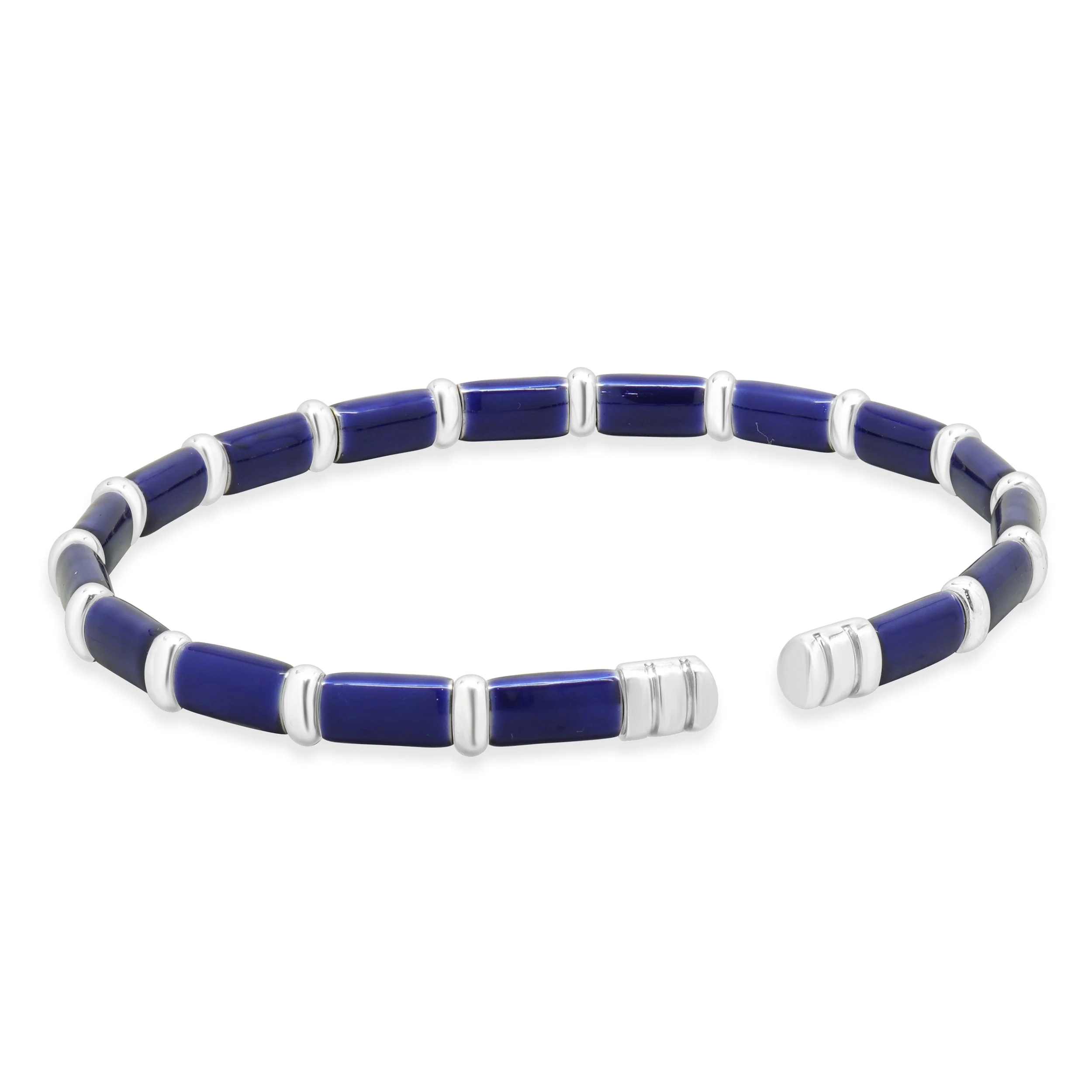 Sterling Silver & 18 Karat White Gold Navy Blue Enamel Bangle Bracelet - Image 3