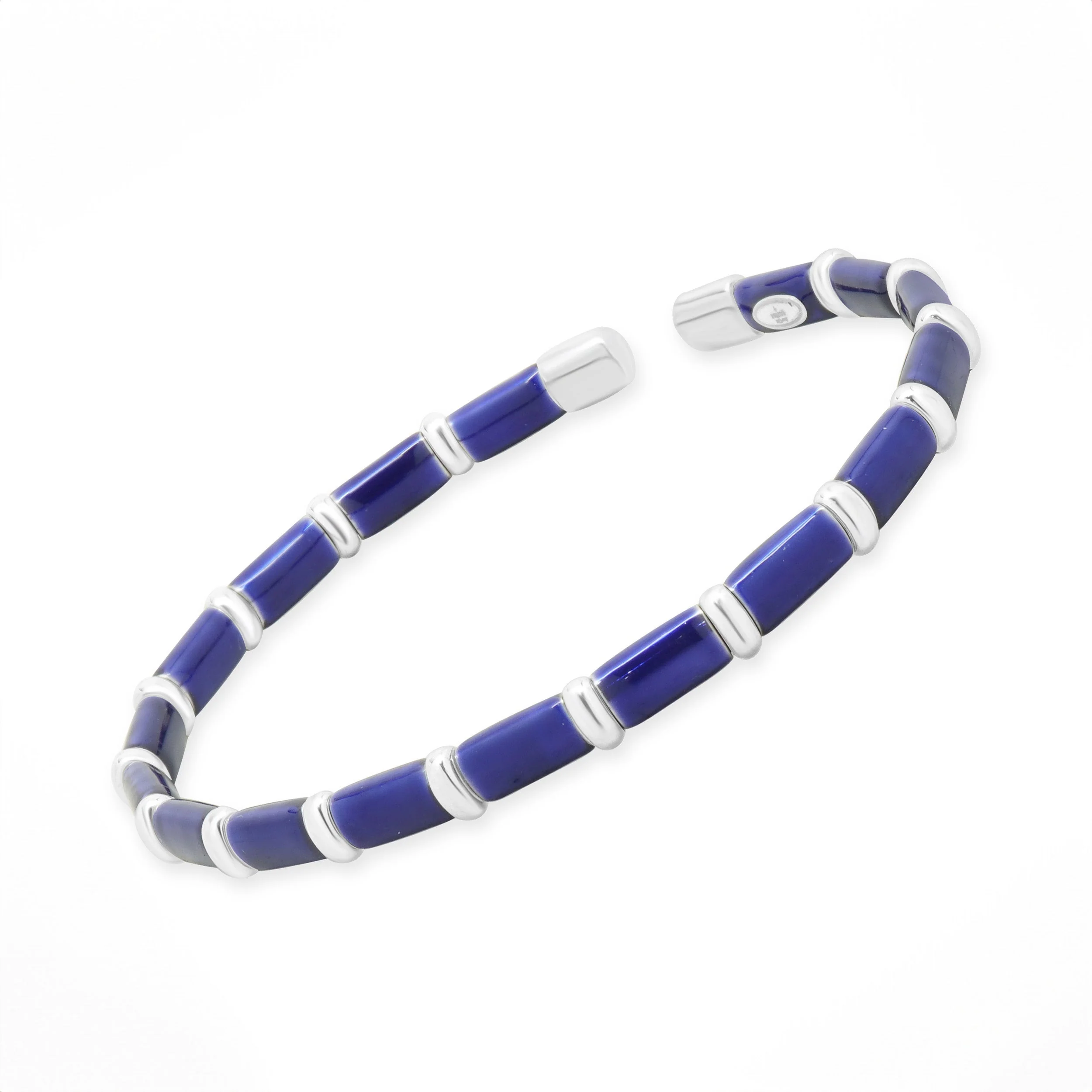 Sterling Silver & 18 Karat White Gold Navy Blue Enamel Bangle Bracelet - Image 4