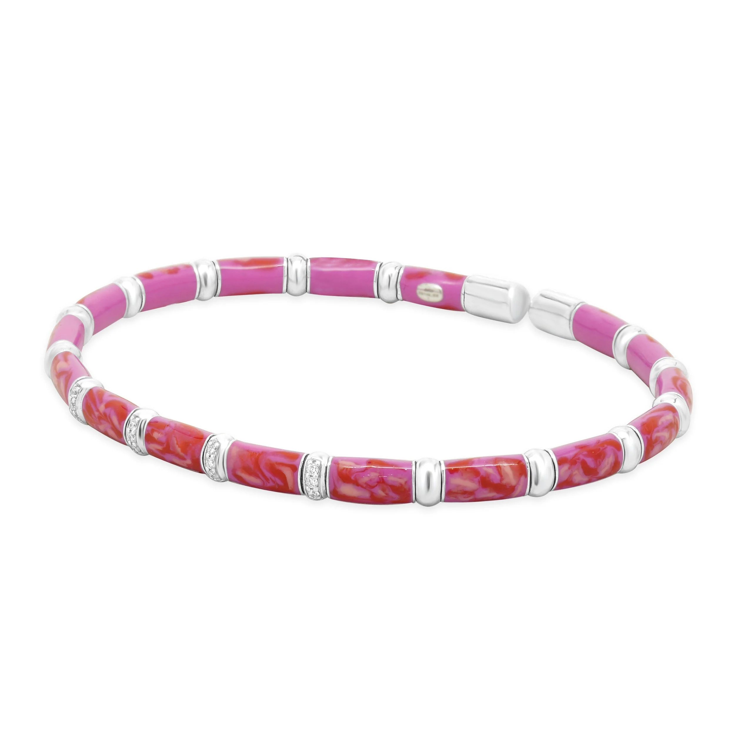 Sterling Silver & 18 Karat White Gold Pink Enamel Bangle Bracelet - Image 2