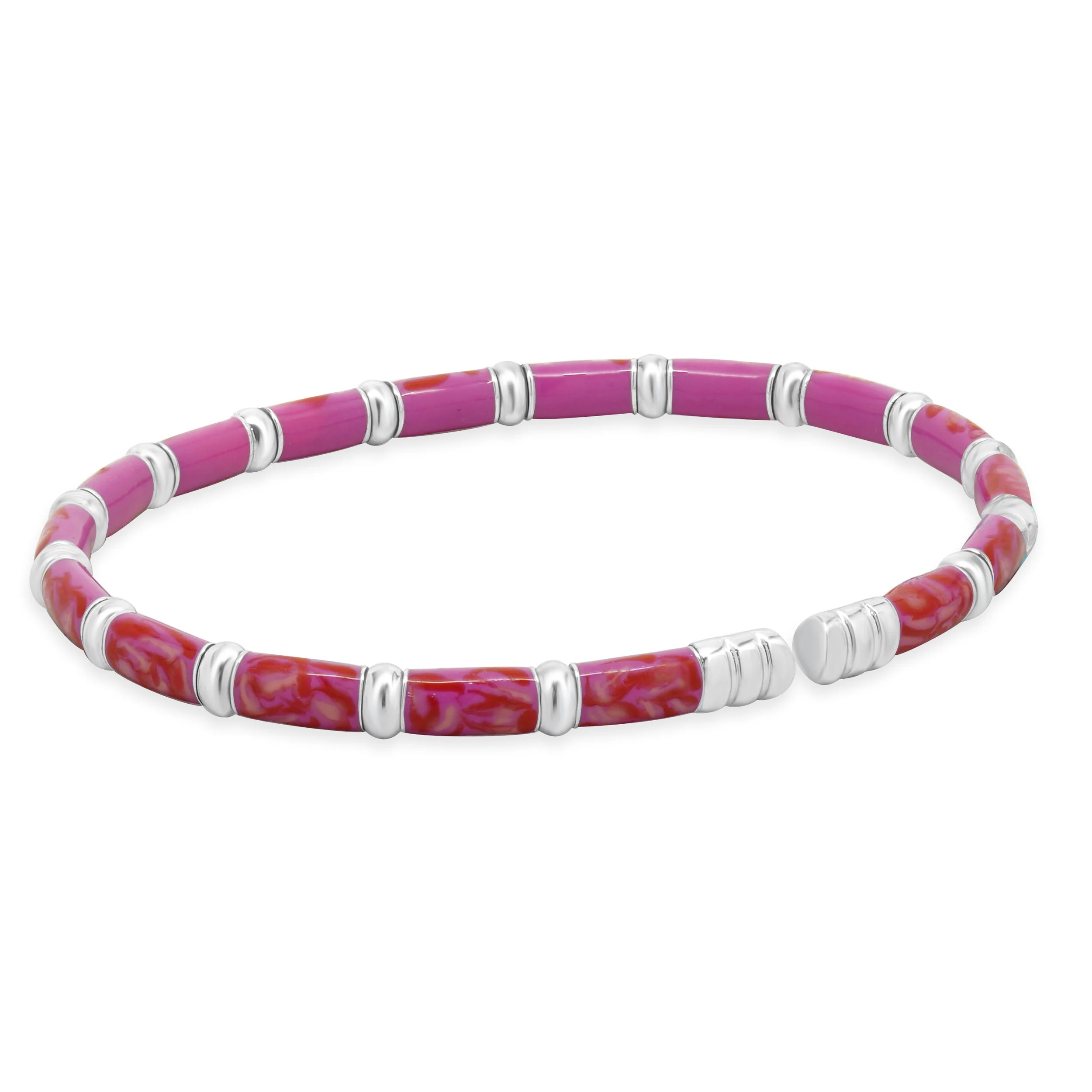 Sterling Silver & 18 Karat White Gold Pink Enamel Bangle Bracelet - Image 3