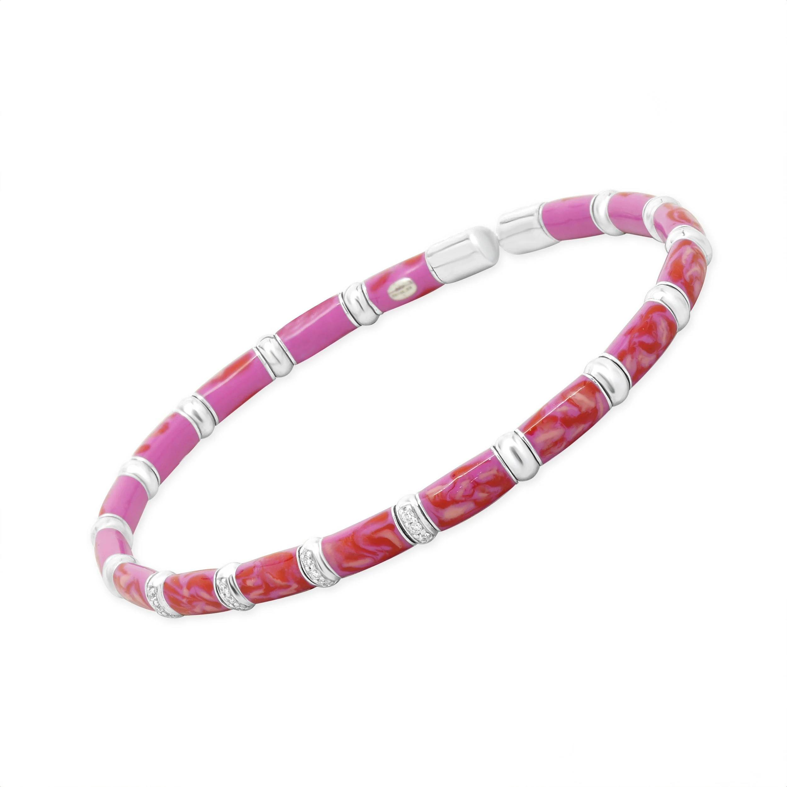 Sterling Silver & 18 Karat White Gold Pink Enamel Bangle Bracelet - Image 4
