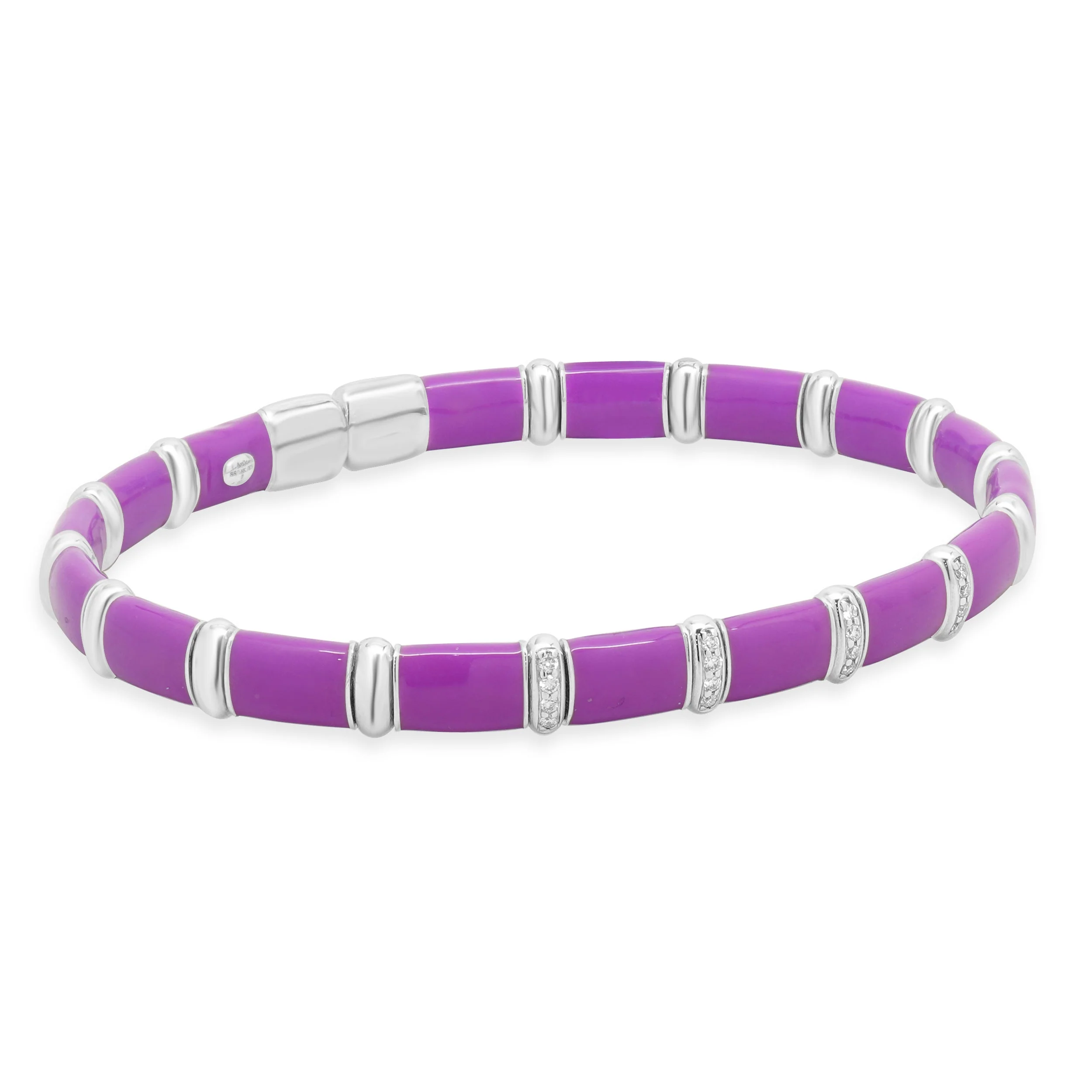 Sterling Silver & 18 Karat White Gold Purple Enamel Bangle Bracelet - Image 2
