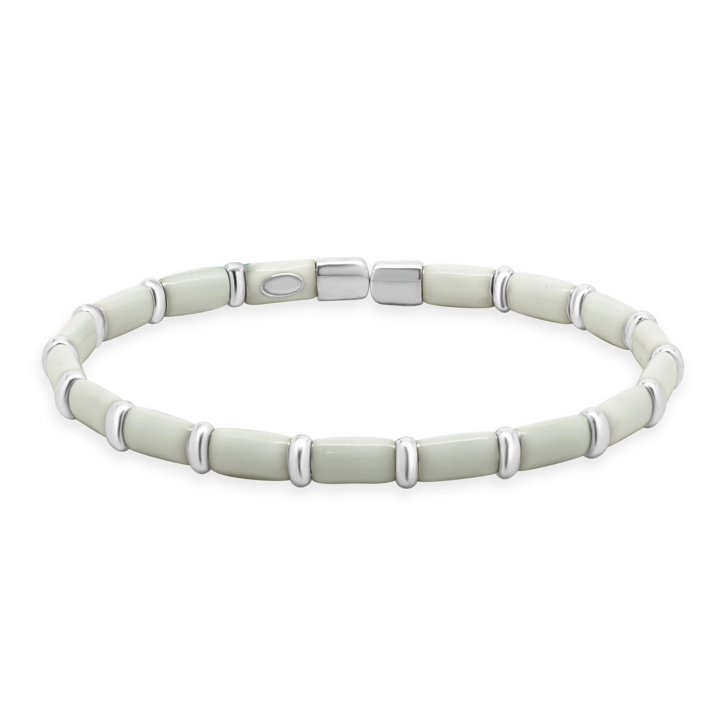Sterling Silver & 18 Karat White Gold White Enamel Bangle Bracelet
