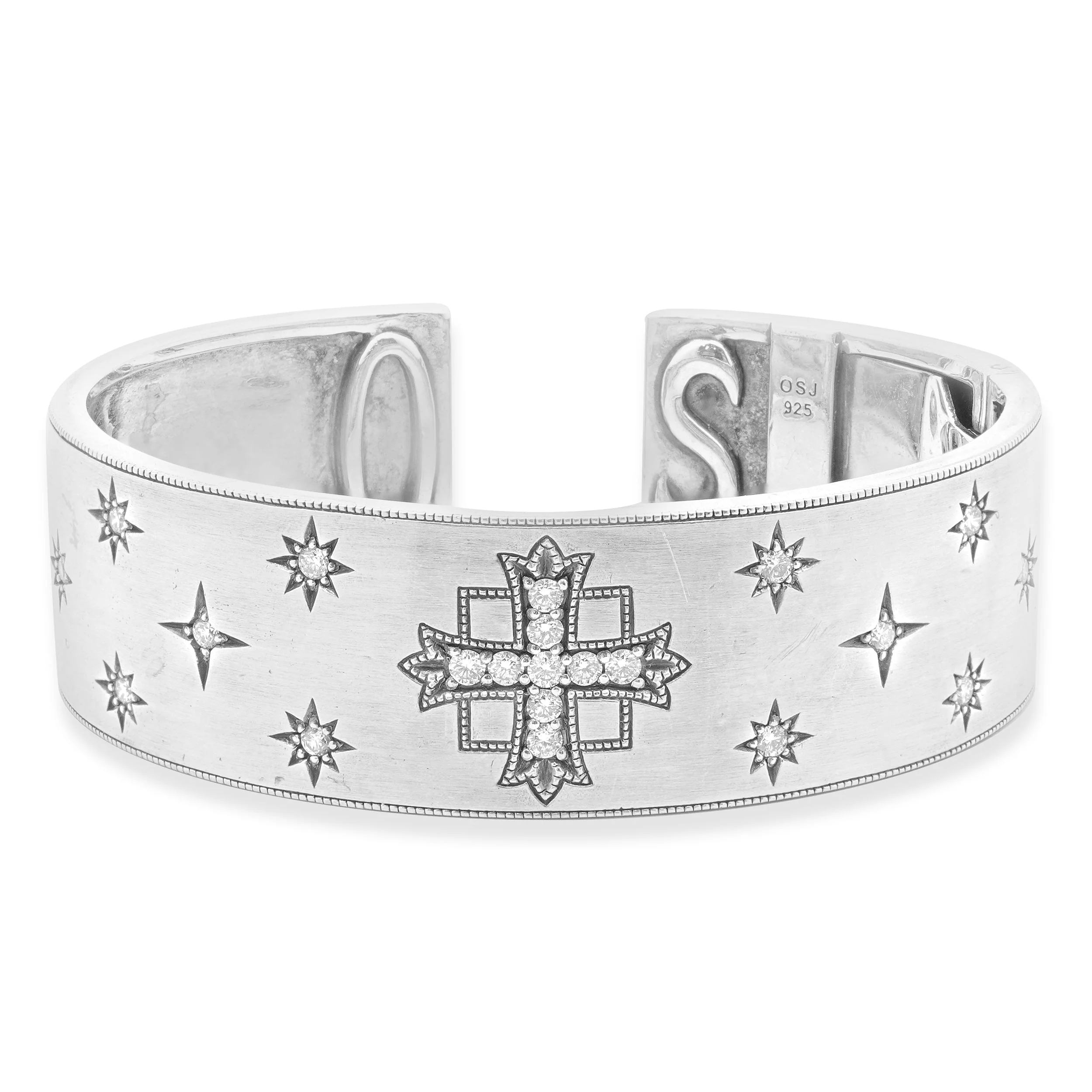 Sterling Silver Diamond Maltese Celestial Hinged Bangle Bracelet