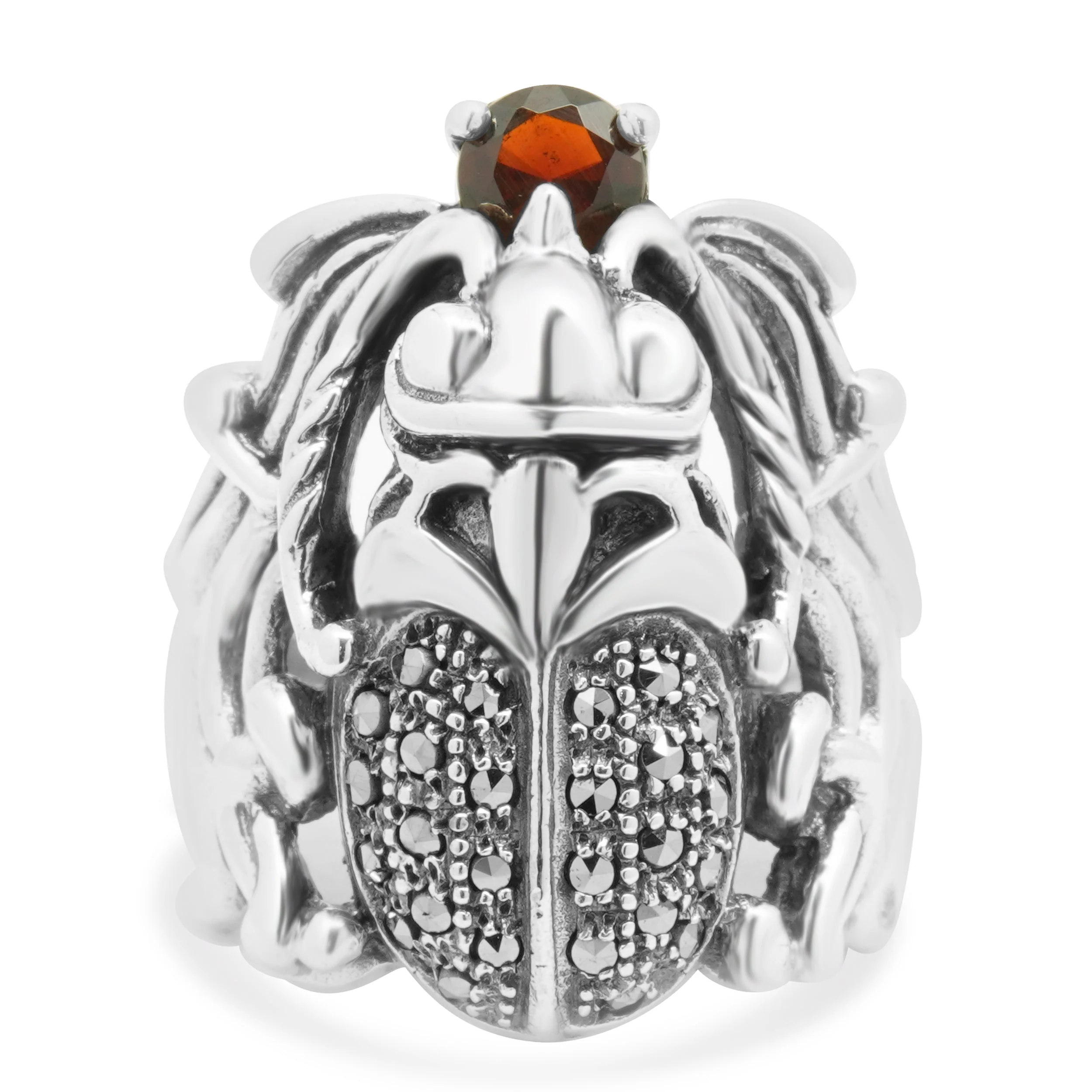 Sterling Silver Garnet and Marcasite Scarab Ring