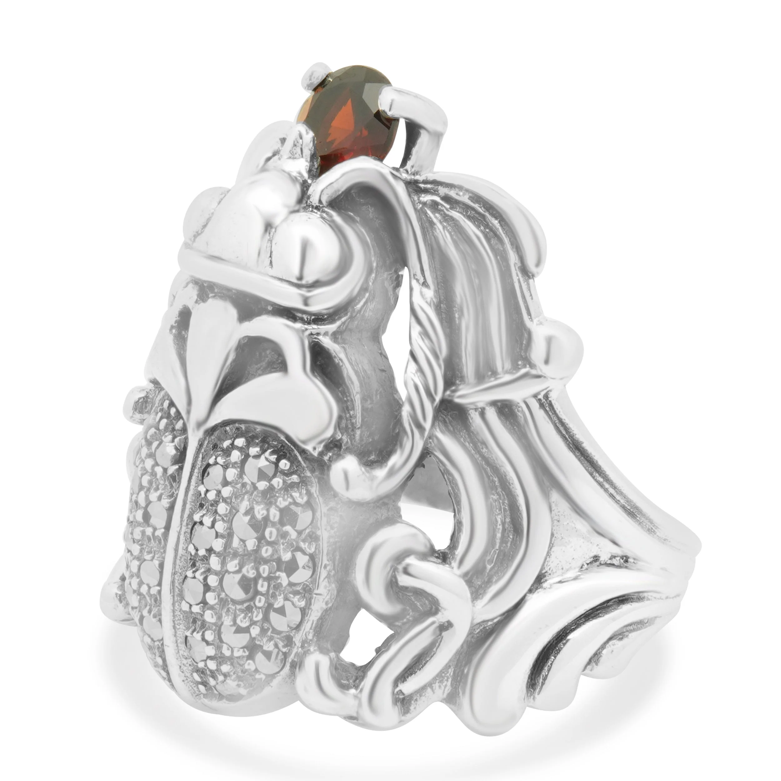 Sterling Silver Garnet and Marcasite Scarab Ring - Image 2