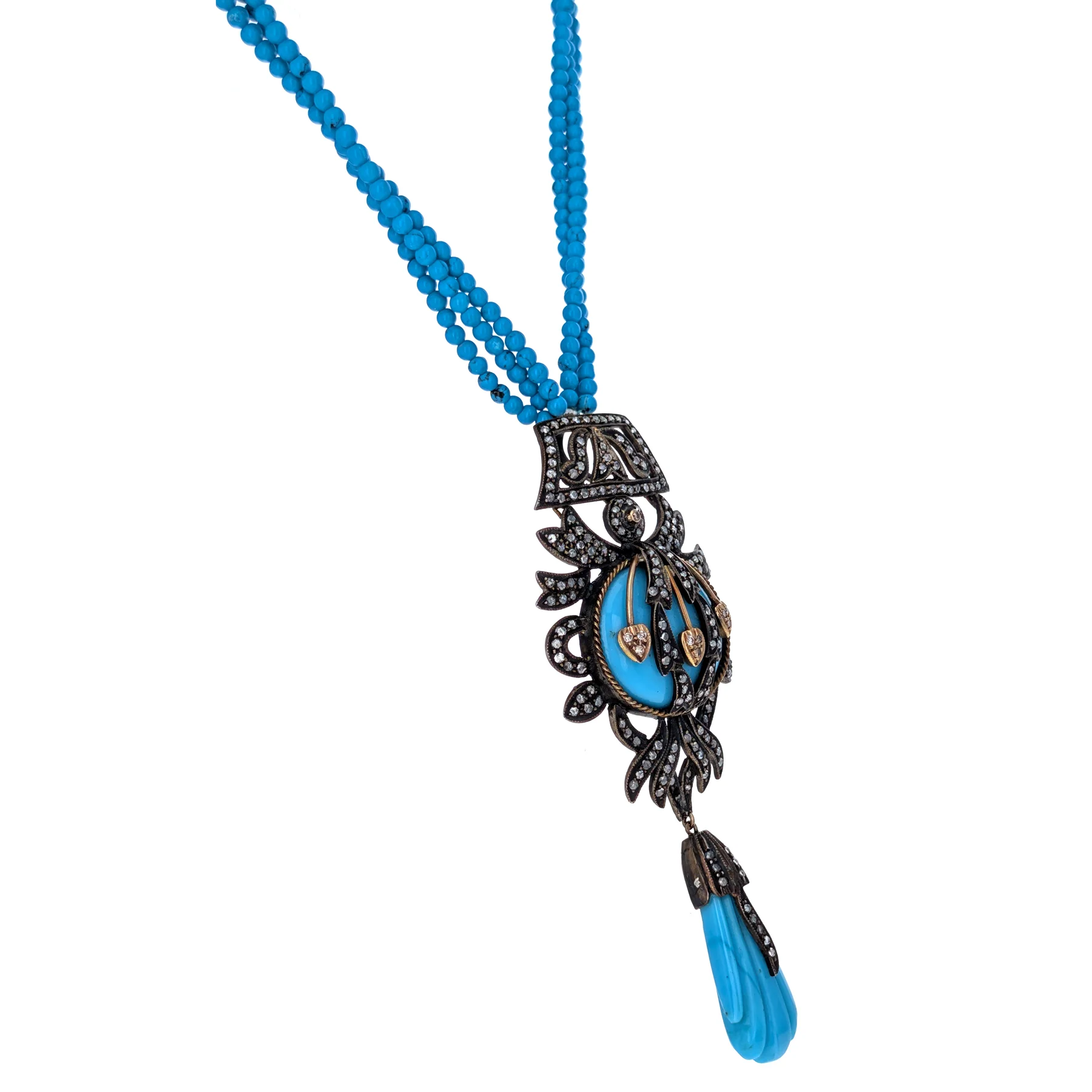 Sterling Silver Necklace with Rose Cut Diamonds & Turquoise Beads - Image 2