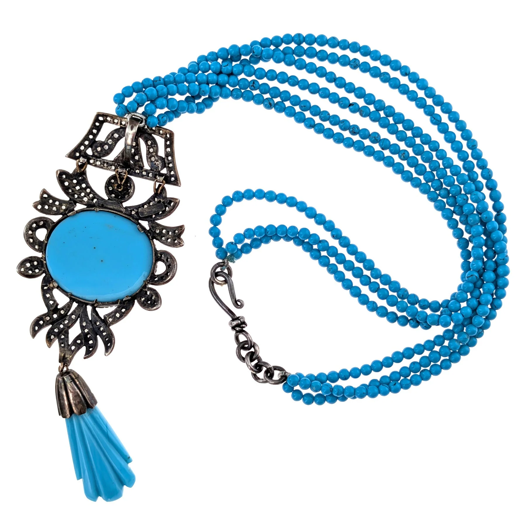 Sterling Silver Necklace with Rose Cut Diamonds & Turquoise Beads - Image 3