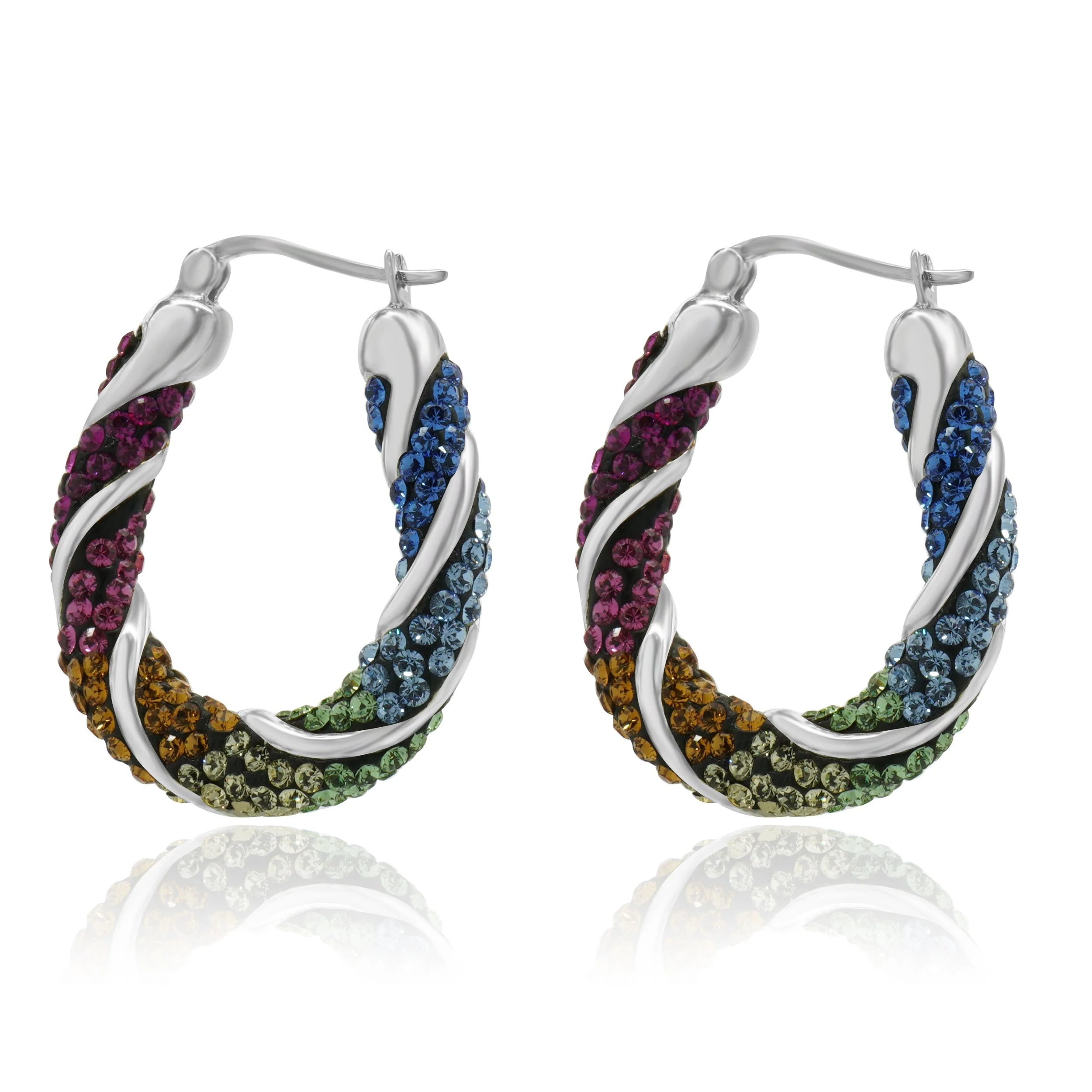 Sterling Silver Pave Multi Colored Rhinestone Hoop Earrings - Image 3
