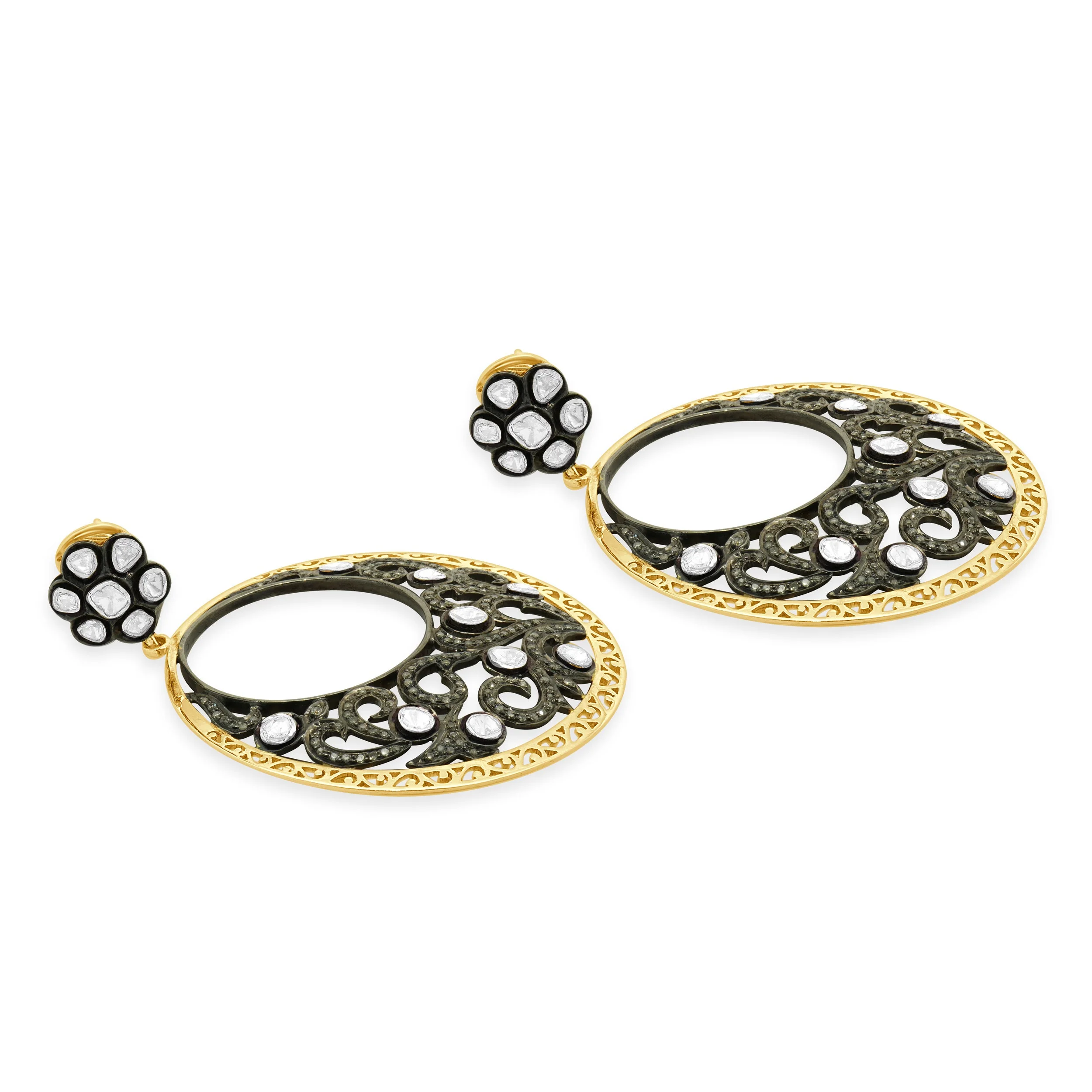 Sterling Silver Vermeil Vintage Diamond Circle Drop Earrings - Image 2