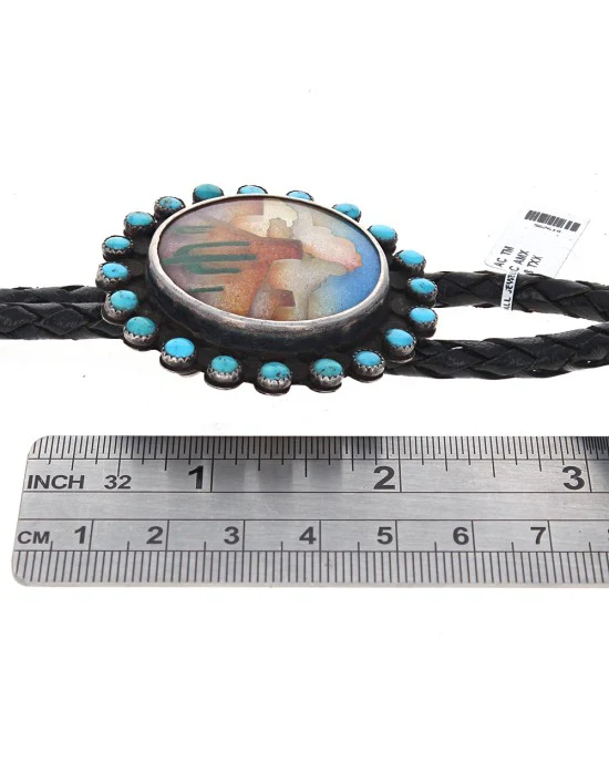 SWD Sterling Silver & Turquoise Desert Landscape Scene Bolo Tie - Image 3