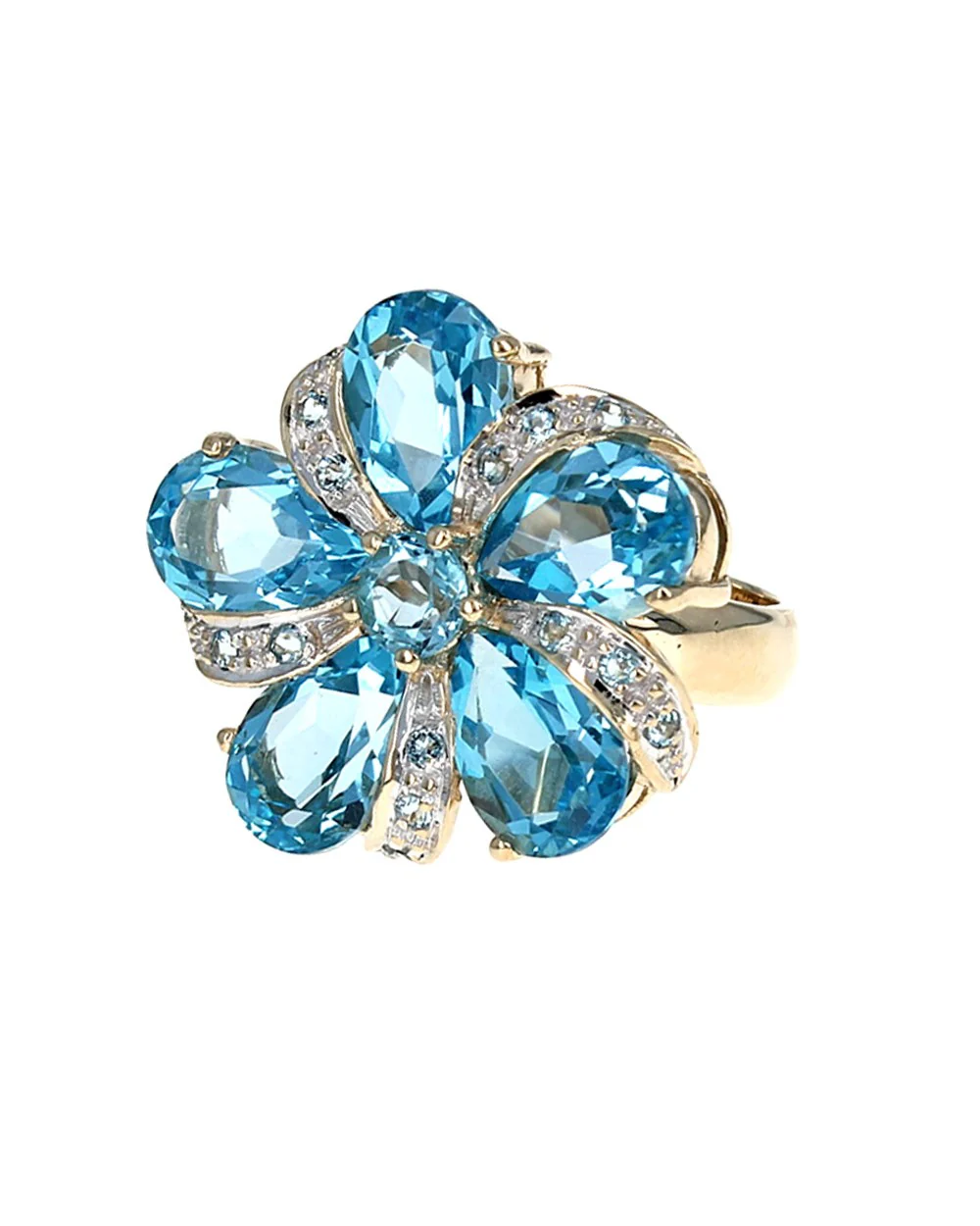 Swiss Blue Topaz Flower Ring in Yellow Gold - Image 2