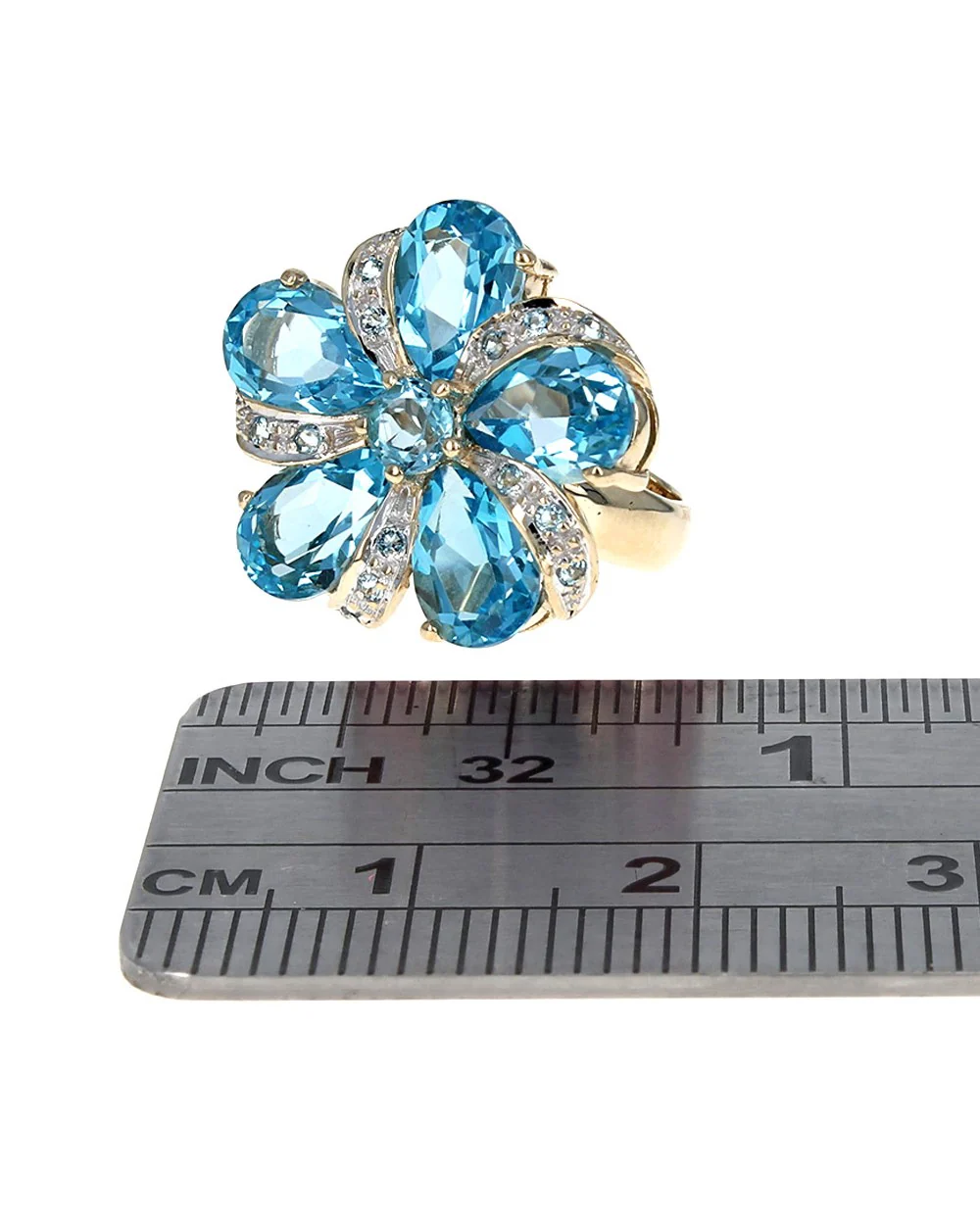 Swiss Blue Topaz Flower Ring in Yellow Gold - Image 3