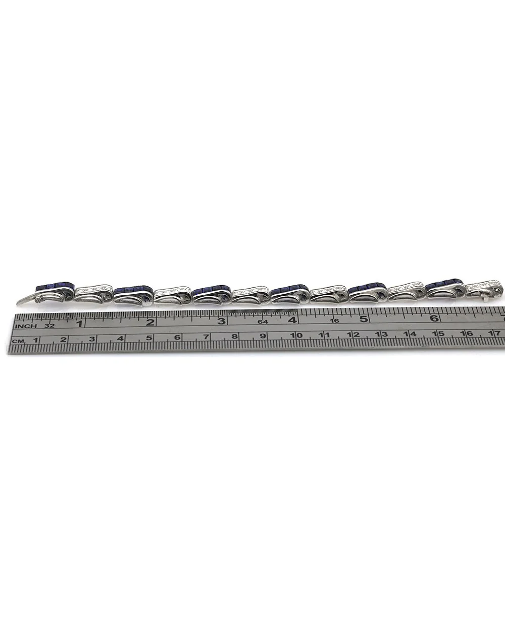 Synthetic Blue Sapphire and Diamond Curved Link Bracelet - Image 3