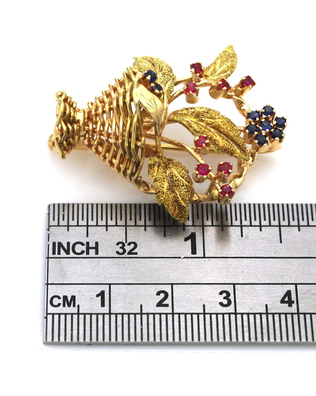 Synthetic Ruby and Synthetic Sapphire Flower Basket Pin - Image 3