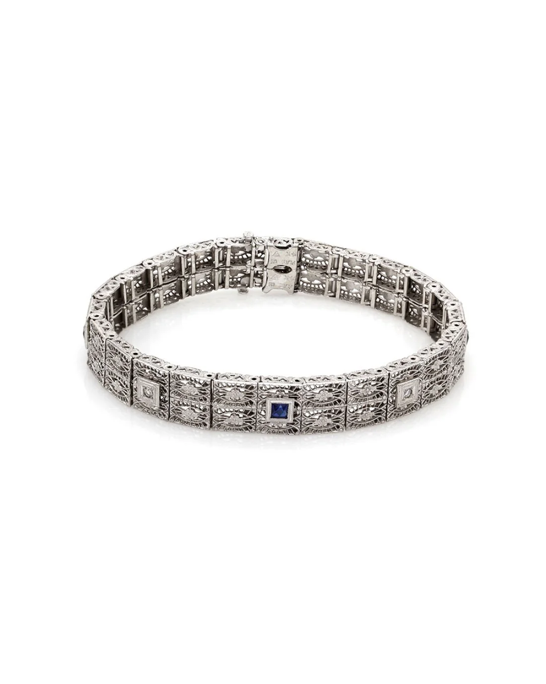 Synthetic Sapphire and Diamond Filigree Bracelet in Gold - Image 2