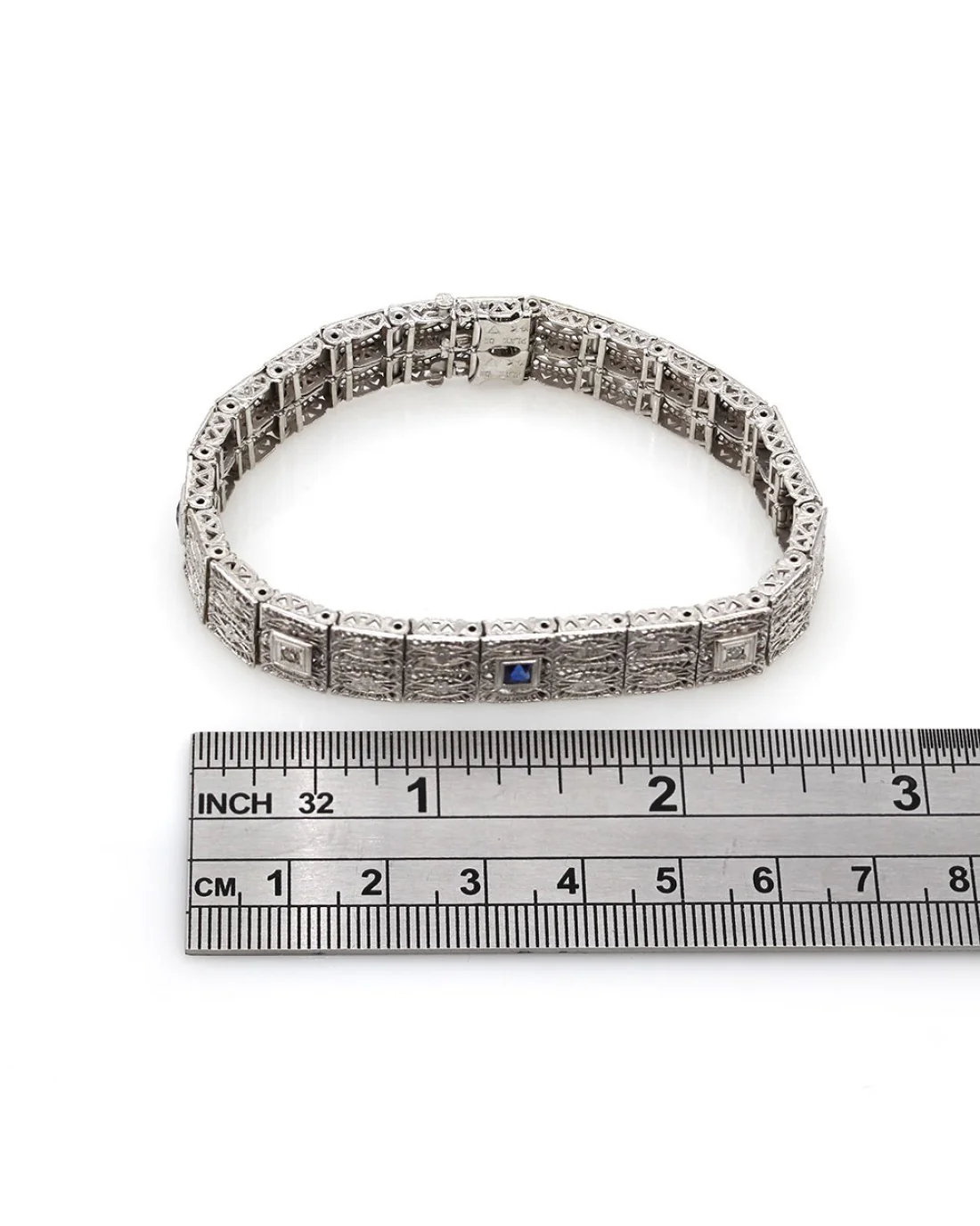 Synthetic Sapphire and Diamond Filigree Bracelet in Gold - Image 4