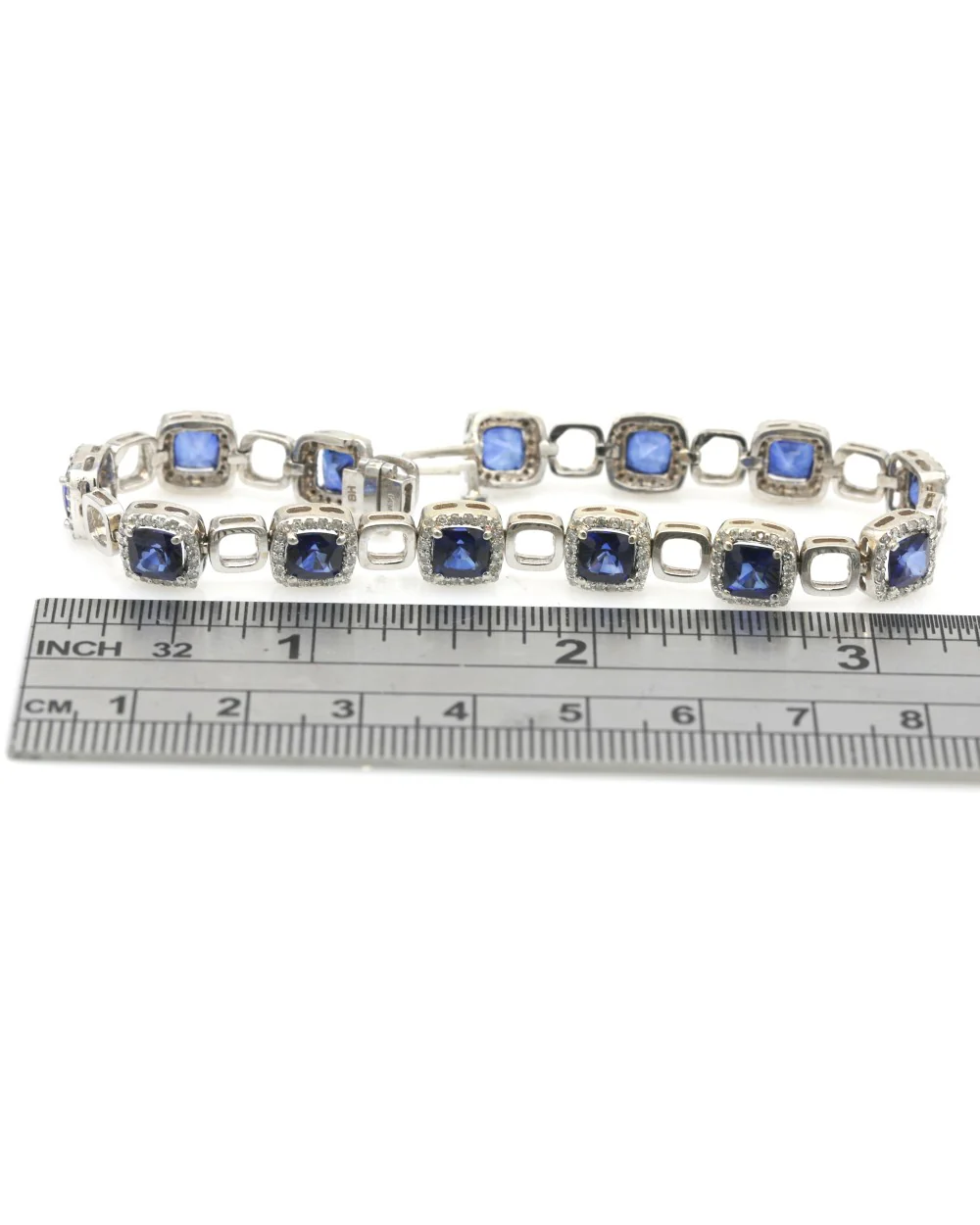 Synthetic Sapphire and Diamond Halo Open Link Inline Bracelet - Image 2