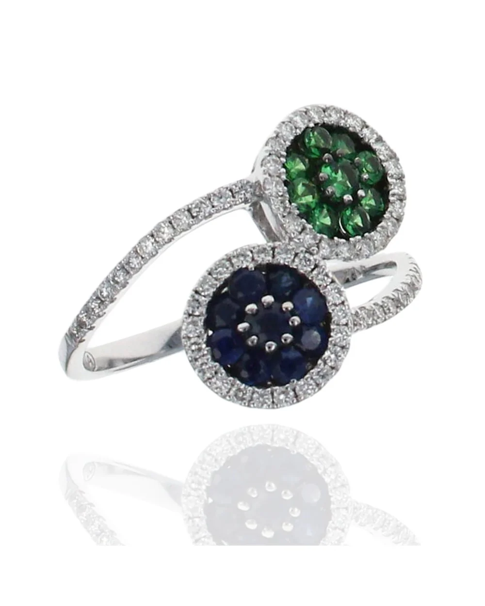 Synthetic Sapphire, Tsavorite and Diamond Halo Bypass Ring