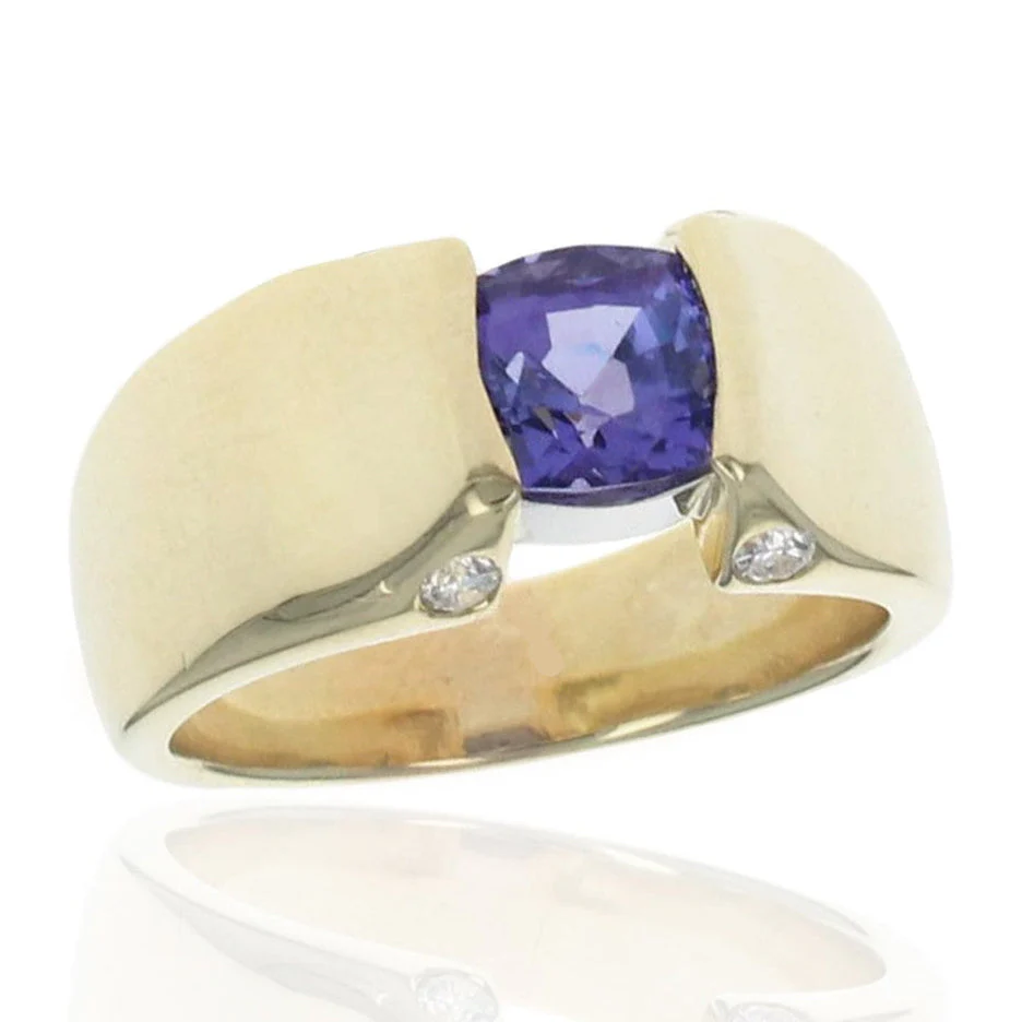 18K Yellow Gold and Platinum Cushion Tanzanite and Diamond Ring