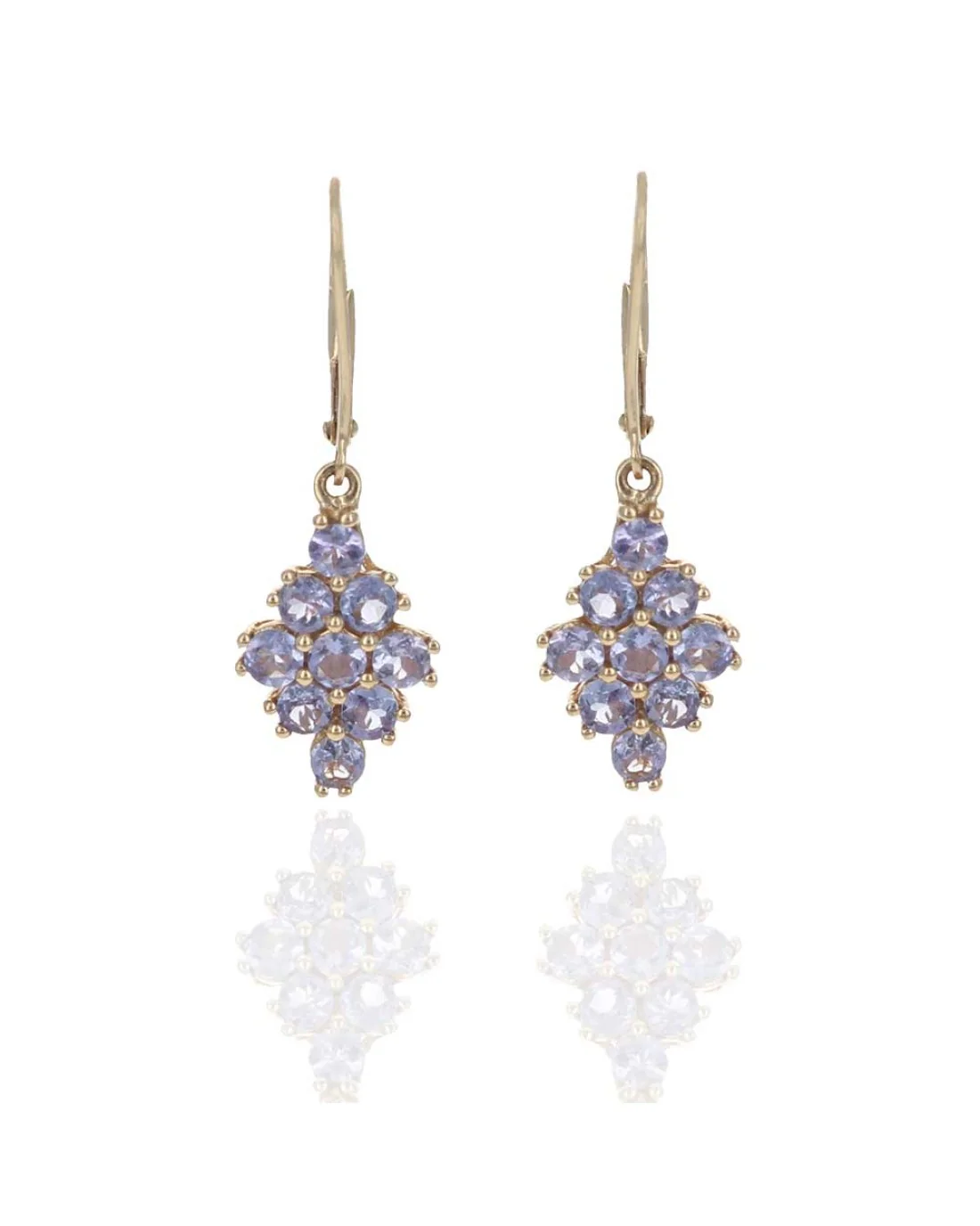 Tanzanite Diamond Shaped Cluster Dangle Earrings in Yellow Gold