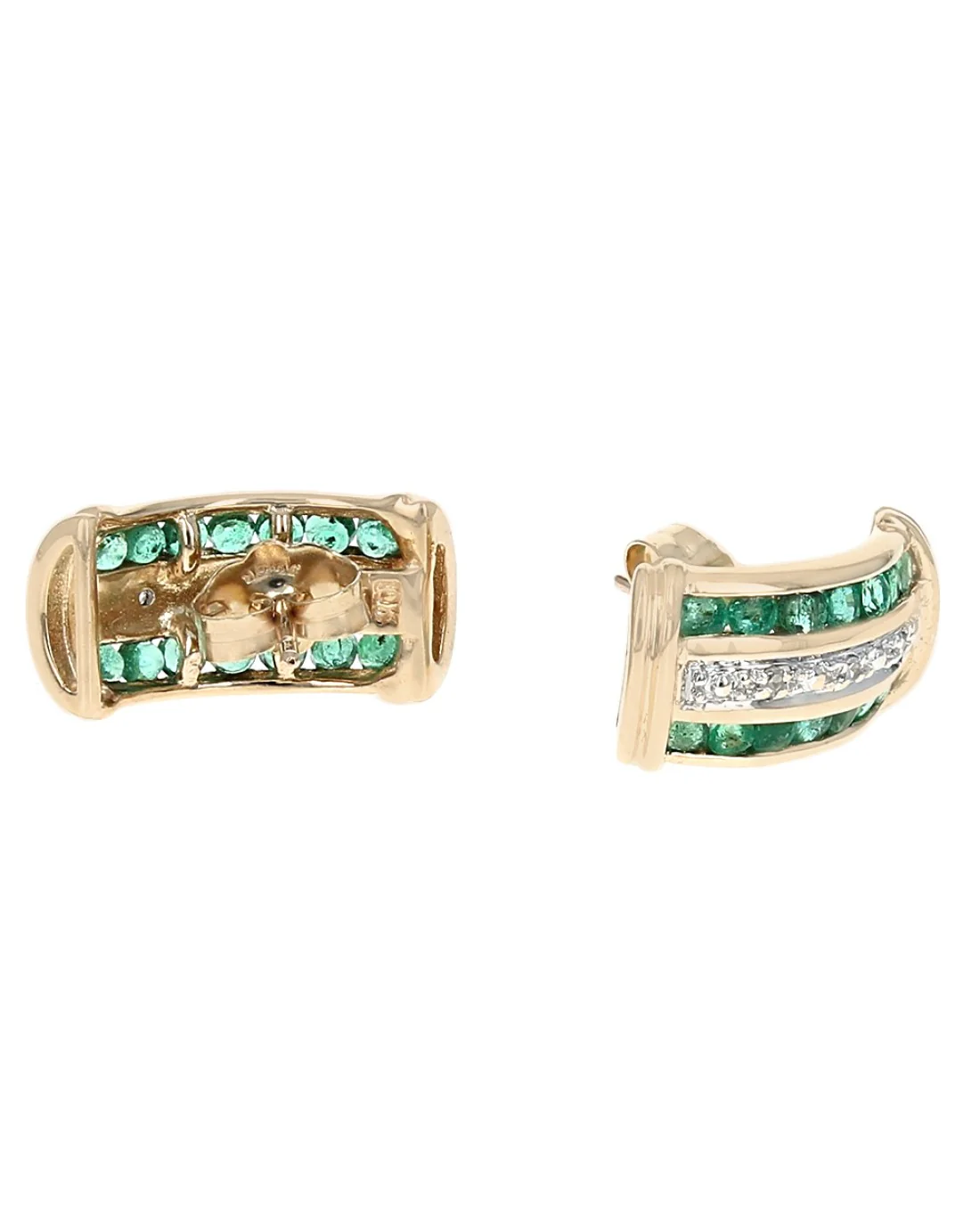 Three Row Alternating Emerald and Diamond Curved Earrings in Yellow Gold - Image 2